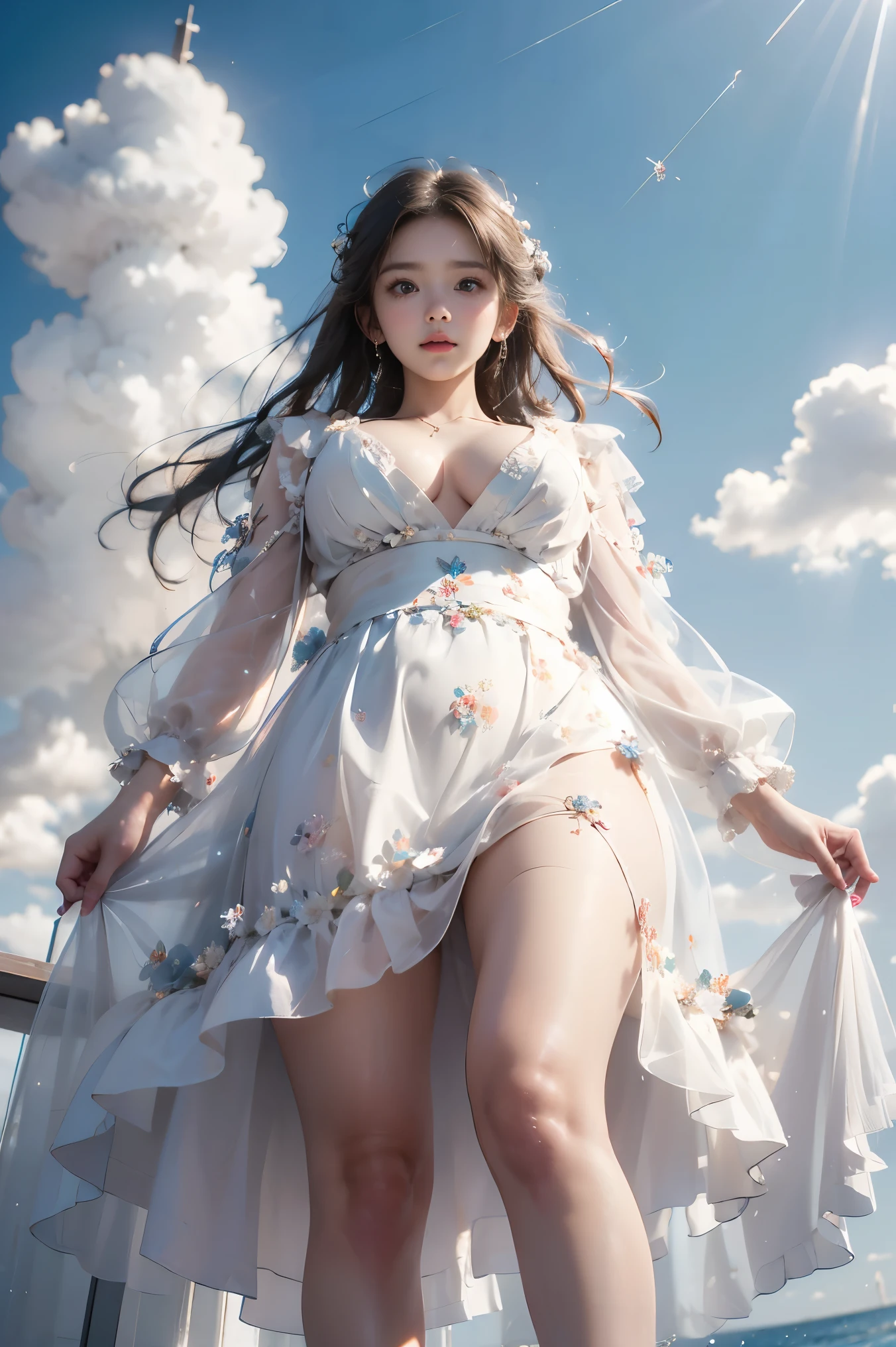 dress, bouffont dress, transparent long sleeves, Daisies, cherry, ((whole body:1.4)), ((From below:1.2)), ( actual :1.4), ung woman, ( plump boobs, cleavage is visible, Show smooth thighs , Correct legs ), Beautiful Asian woman , Sitting, Looking at the camera or slightly towards the camera , Maintain a natural expression , Highlight your long , Slim Legs , shot from a low angle , Clear blue sky,Floating white clouds , Background is the open sea , Marine environment , Reflect the sparkling surface of the 水 , movie film , Professional Photography, clearly focused, Prime time lighting , soft shadows , in the shower , Surrealism , 85mm lens, f2.8, Perfect composition, super detailed