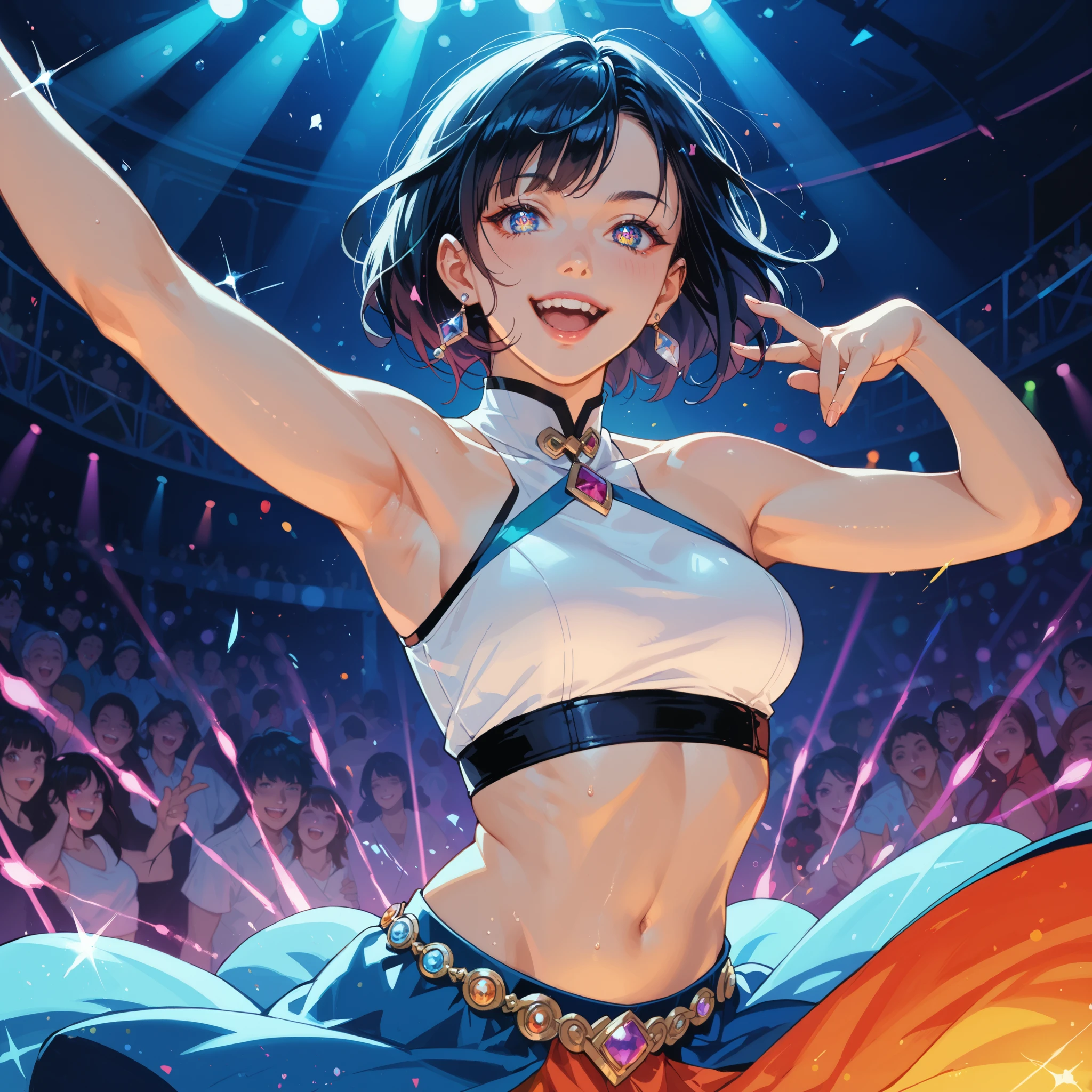 A female cartoon character inspired by Kazuha, the well-known K-pop idol, performing a dynamic singing and dancing pose on stage. She is dressed in a stylish silver glittering sleeveless crop top and matching outfit, elegantly revealing her belly button. Her long, flowing black hair moves gracefully with her motion, and she has bright, sparkling eyes with a confident and radiant smile. The background features a vibrant stage with colorful lights and a motion blur effect, creating a sense of energy and excitement.