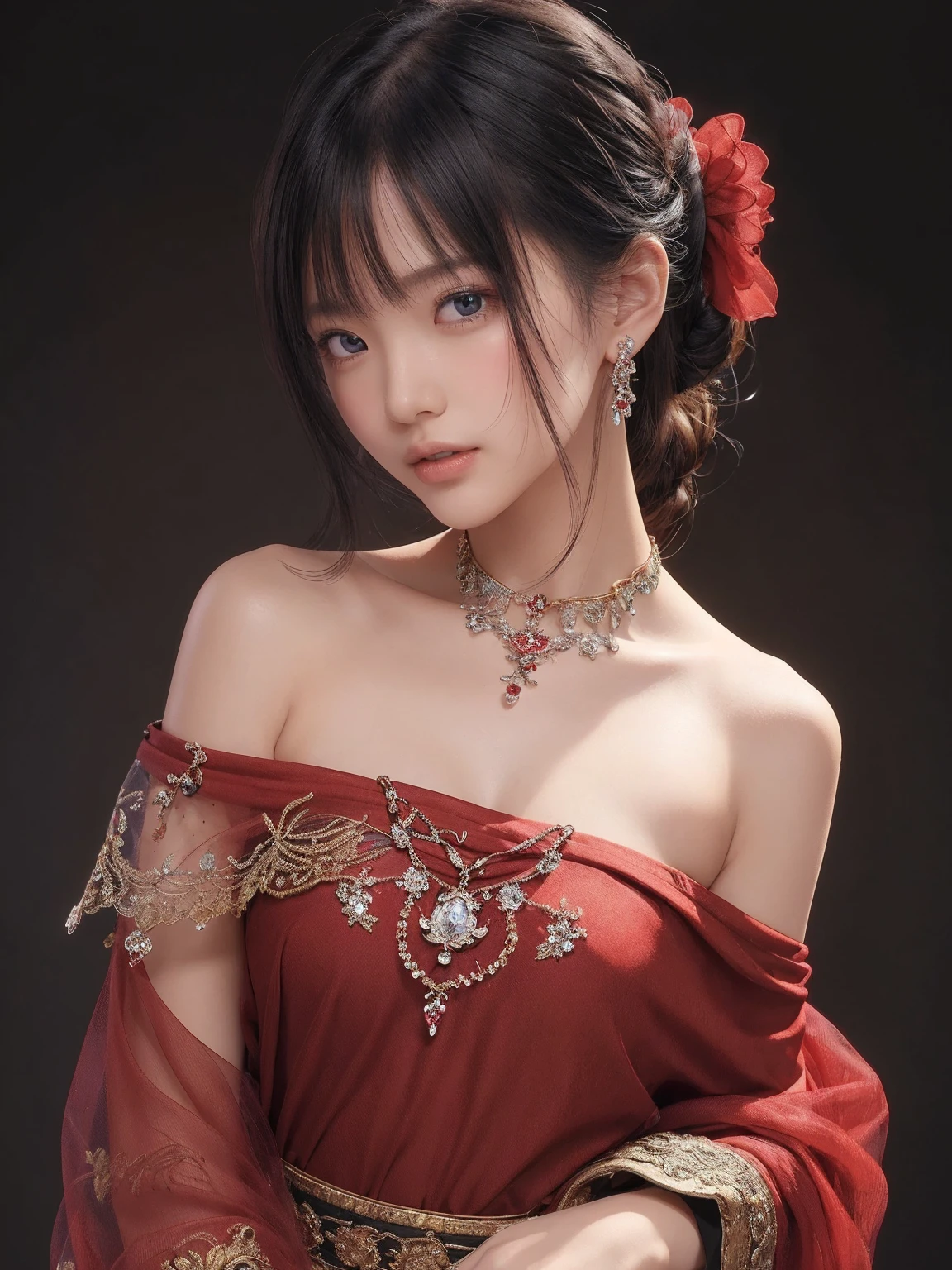 (( top quality )),( super high res),( very detailed),( Detailed explanation ),(( best CG )),(masterpiece), Ultra Detailed Art 、See-Through 2.0、 off-shoulder、 clevis on a stone、  red background 、