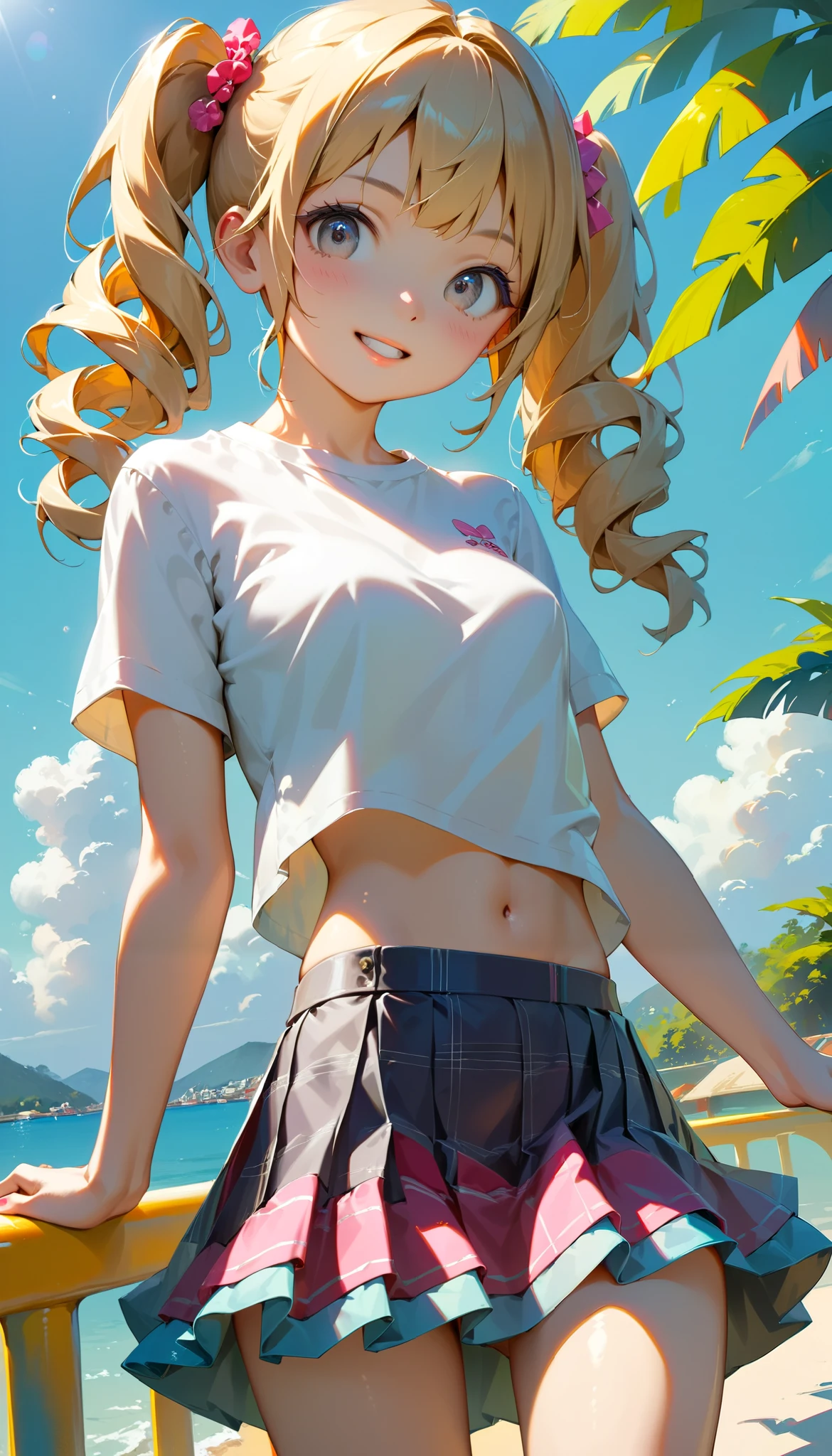 top quality 、masterpiece、 realistic 、 perfect anatomy, One Girl , ash-blond hair 、Very small build 、cute、 gray eyes、、 twin tails、 white t-shirt、( gingham check culotte skirt:1.37),belly button,blank, Black Light