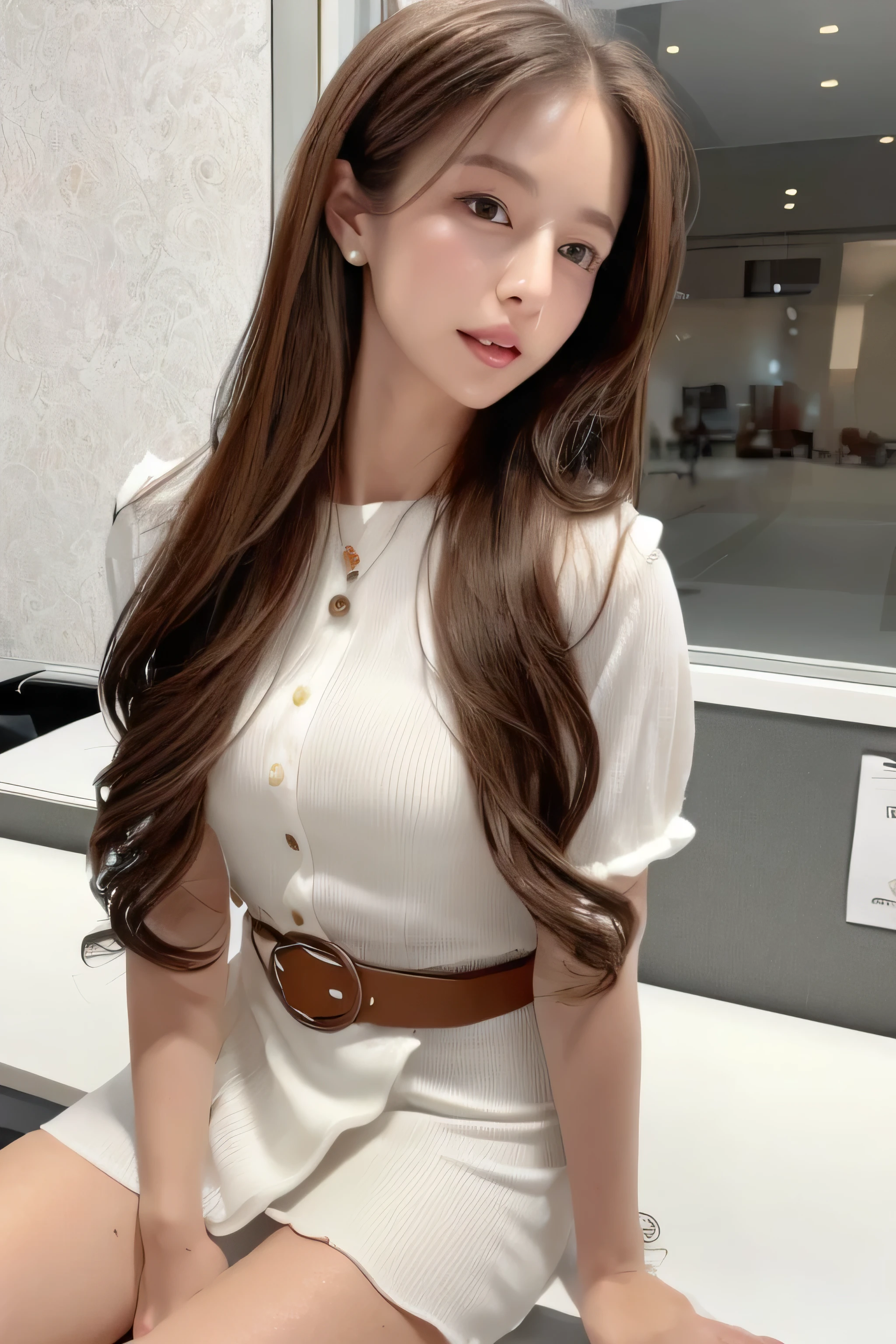 Top quantity,Ultra-clear resolution, (Cute girl. 15 years old)). Slim and charming figure. ((Brown long hair. necklace)). Makeup face. Red lipstick ((Vest)). Also show your ears. In front of the camera. ear texture. Ear hole detail. Practical. Close-up of the ear. ((In front of the make-up mirror)) ((Naked)),Legs open,Exposing genitals
