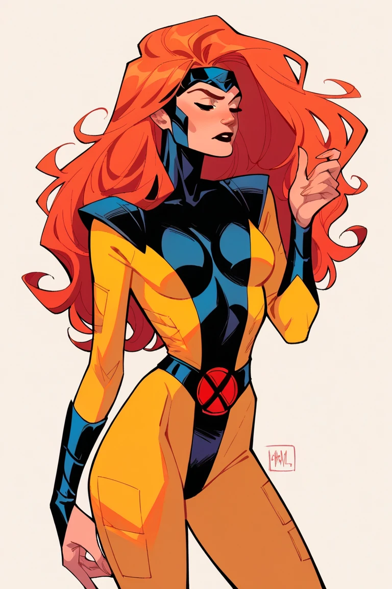 score_9, score_8_up, score_7_up, score_6_up, score_5_up,   jean grey, 1girl, long hair, orange hair, yellow bodysuit