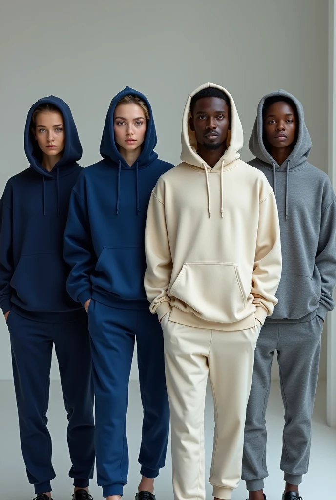 Create a sports outdoor uniform for men and women with pants, Sweater and T-shirt that combine, preferably cream and light blue 