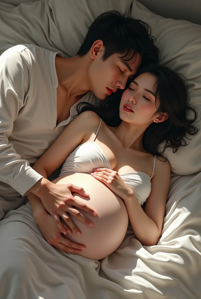 Asian gay couple two men, one pregnant omega guy