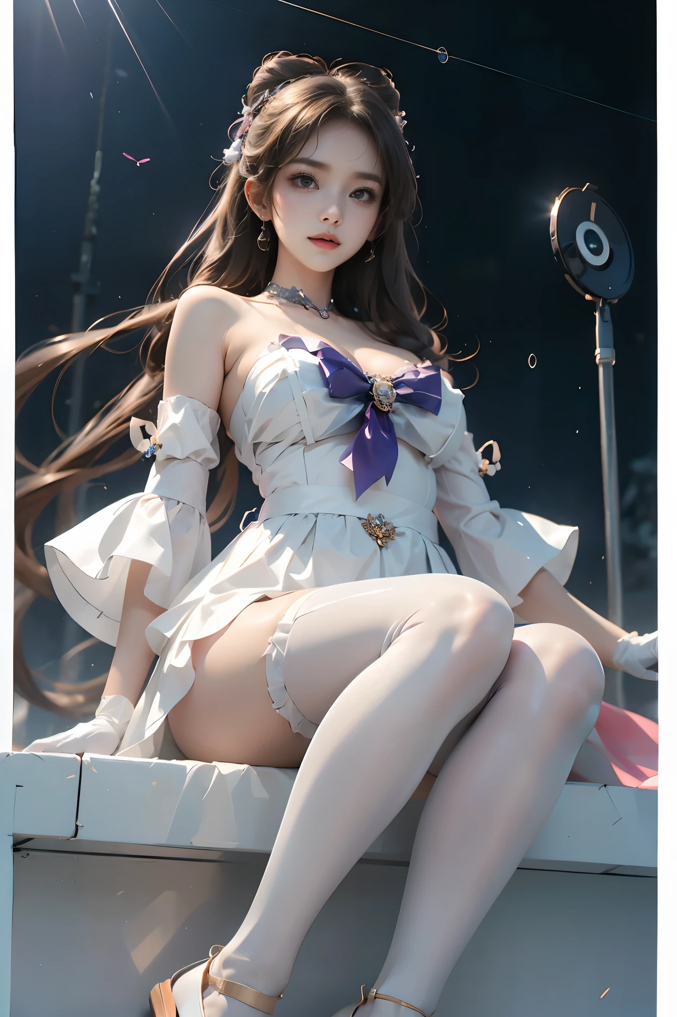 sangonomiya kokomi,hair ornament,white pantyhose,white half gloves,frilled sleeves,bow-shaped hair,bow,detached collar, sandals ,white panties,1girl,Alone,widesleeves,longhair,purple eyes ((whole body:1.4)), ((From below:1.2)), ( actual :1.4), 1 young woman, (  plump boobs,  cleavage is visible,    Show smooth thighs   ,    Correct and piao'l beautiful leg shape   ),   Beautiful Asian woman  , Sitting,    Looking at the camera or slightly towards the camera ,   Maintain a natural expression   ,    Highlight your long  , Slim Legs  ,     shot from a low angle    ,  Clear blue sky，Floating white clouds ,    Background is the open sea   ,  Marine environment ,   Reflect the sparkling surface of the 水 ,  movie film , Professional Photography,   clearly focused,  Prime time lighting  ,   soft shadows  ,   in the shower  ,   Surrealism  , 85mm lens, f2.8, Perfect composition,    super detailed 