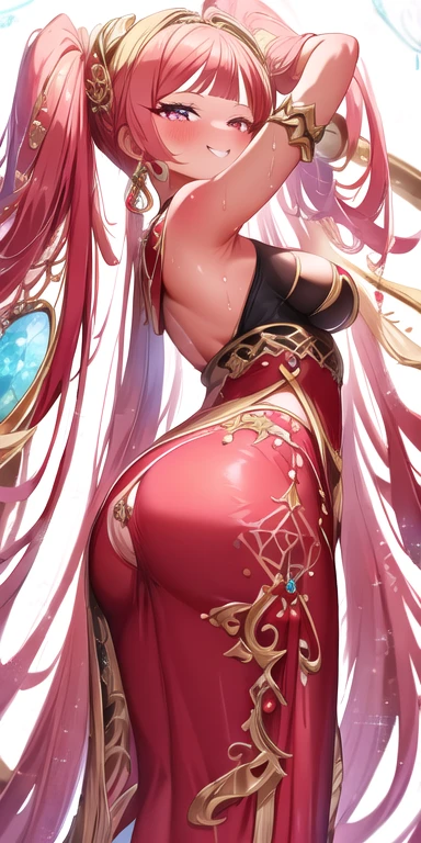 anime, female, Two s twins  ,  red skin   ,  ethereal gold  , Spiritual world,  shiny glitter eyes  , vivid colors ,divine,  goddess of humanity  ,,astral dress, extremely detailed ,makeup,  inscriptions on body  , kingdom of God,heavenly colors, Rosy Cheeks, long skirt ,  paintings on the face and shoulders,  Indian accessories  ,Mandala,rings,  hoop earrings ,  perfect face,armpit,armpit sweaty masterpiece、Highest image quality、 ultra high resolution 、 teenager ,  maid , panties, panties aside, twintails, to smile,  very long hair , armpit, small panties ,big ass