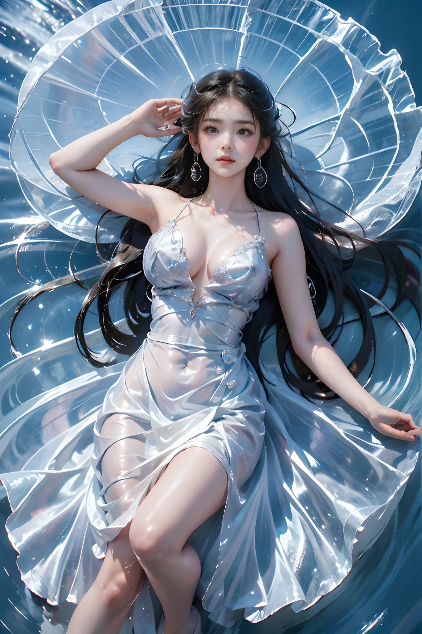 dress,Wings,fairy, ((whole body:1.4)), ((From below:1.2)), ( actual :1.4), ung woman, ( plump boobs, cleavage is visible, Show smooth thighs , Correct and piao'l beautiful leg shape ), Beautiful Asian woman , Sitting, Looking at the camera or slightly towards the camera , Maintain a natural expression , Highlight your long , Slim Legs , shot from a low angle , Clear blue sky,Floating white clouds , Background is the open sea , Marine environment , Reflect the sparkling surface of the 水 , movie film , Professional Photography, clearly focused, Prime time lighting , soft shadows , in the shower , Surrealism , 85mm lens, f2.8, Perfect composition, super detailed