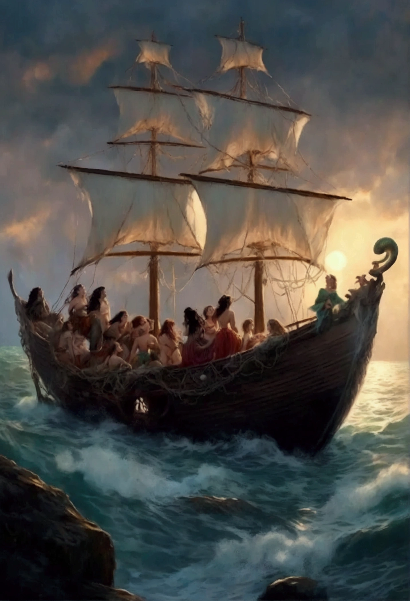 high details, (masterpiece, ultra-high resolution:1.4), (high detailed faces:1.3), Odysseus listen to the siren song while bound by ropes on the helm master of the boat