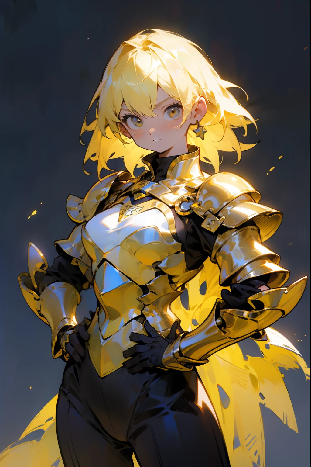 one woman、 is facing the front1人の女, No Emotion、chest、 boobs、Fantastic look, masterpiece, top quality , High Definition , 1 woman , Alone, yellow hair , place your hand on your lower back、armor、重いarmor、chest元が空いている、 is facing the front、 place your hands on your hips、 1 woman ,黒と黄色のarmor、 Alone, yellow hair , dark background , starlight, star,