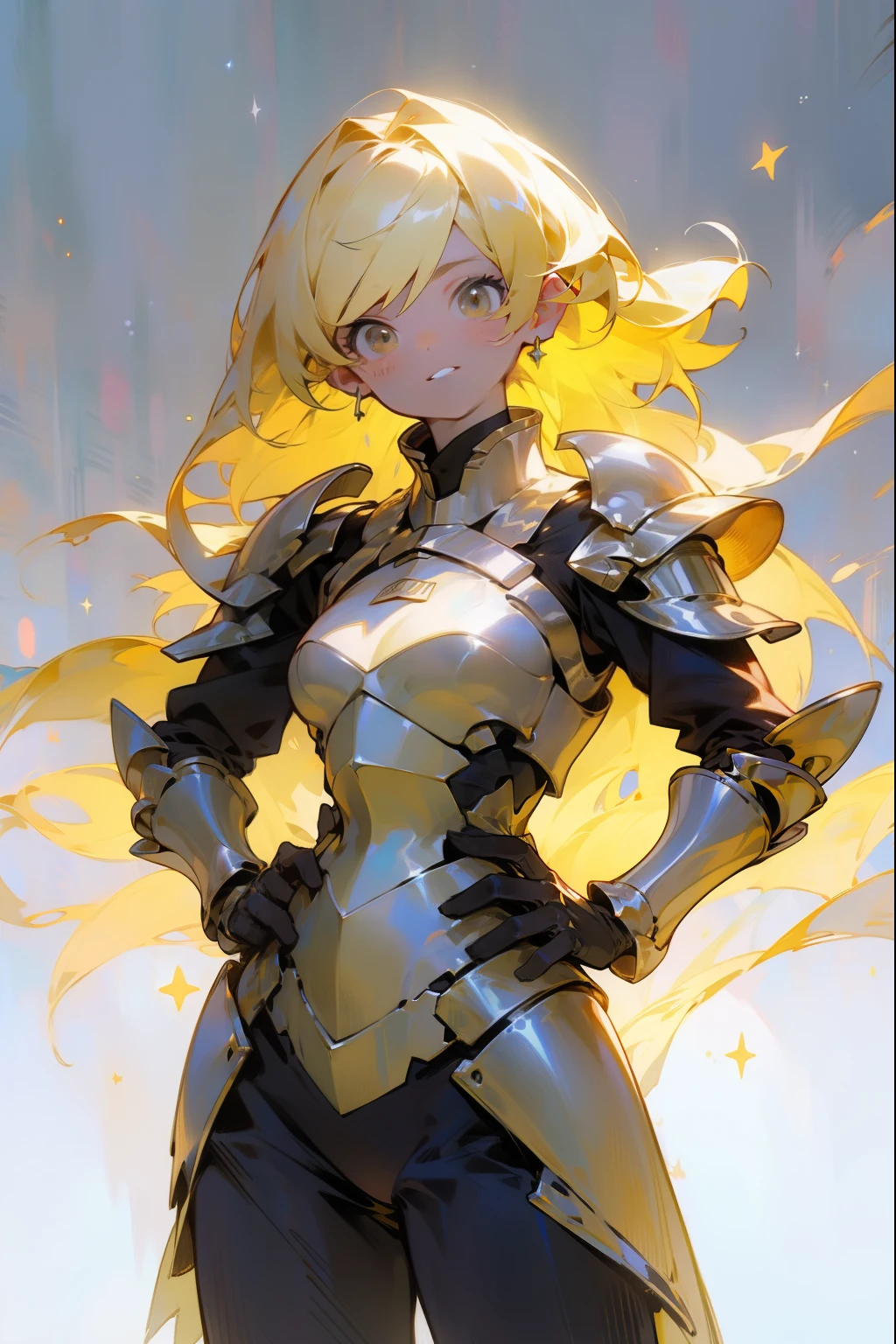 one woman、 is facing the front1人の女, No Emotion、chest、 boobs、Fantastic look, masterpiece, top quality , High Definition , 1 woman , Alone, yellow hair , place your hand on your lower back、armor、重いarmor、chest元が空いている、 is facing the front、 place your hands on your hips、 1 woman ,黒と黄色のarmor、 Alone, yellow hair , dark background , starlight, star,