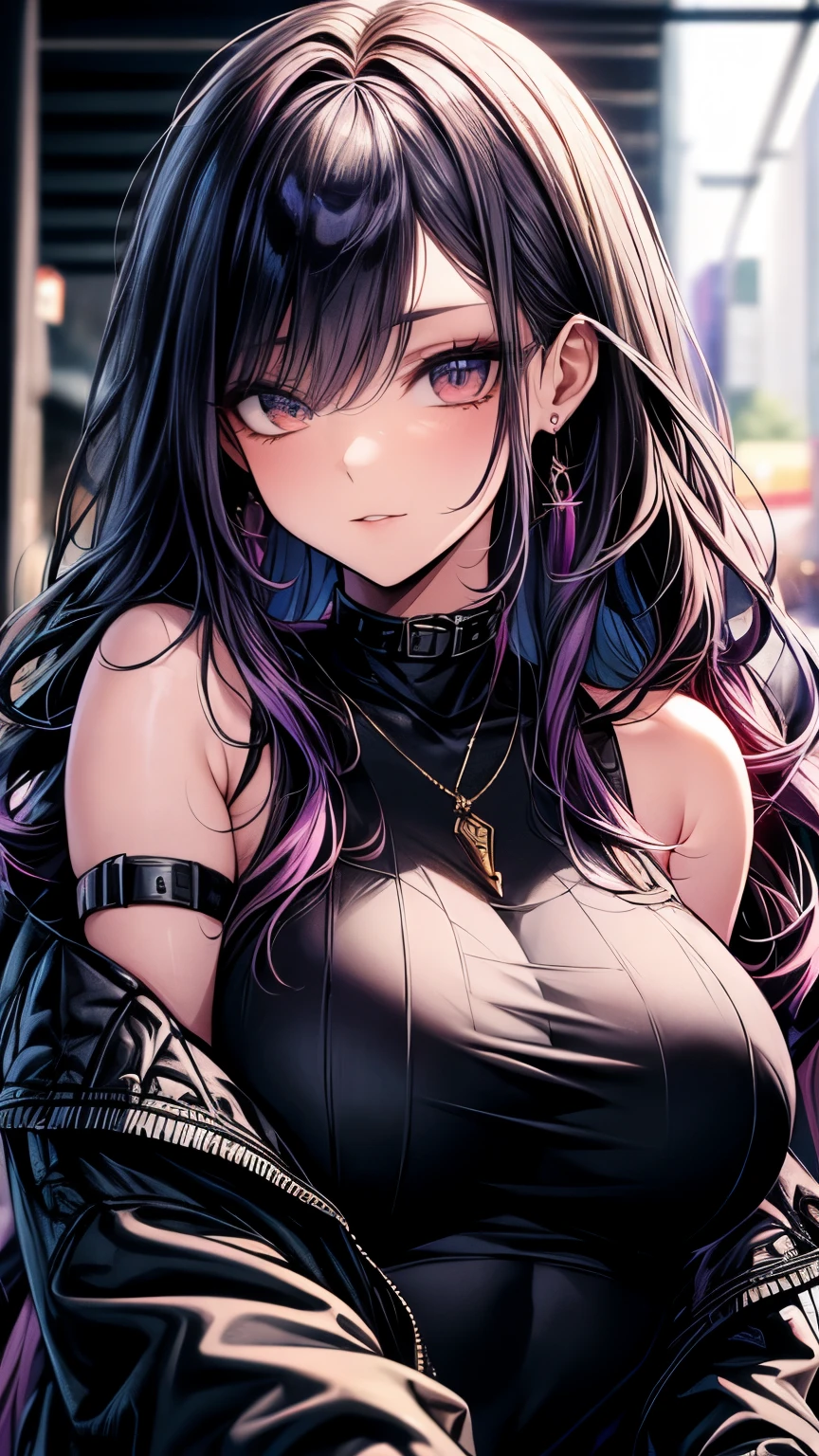 Photograph of the upper body of a beautiful woman,  , normal breasts, perfect body), Sharp focus, (tall body, mature woman), ((Looking ahead)), (Highly detailed skin, hair follicles:1.4,) (long ponytail hairstyle ,Dark purple hair, blue eyes) , (black crop top:1.47),(black leather pants),(fur jacket),chain , There are tears. , Cross necklace , wearing a black leather jacket,  cross chain, city scenery , punk , night light  , high quality ,cold expression, one leather gloves , biker style , cool