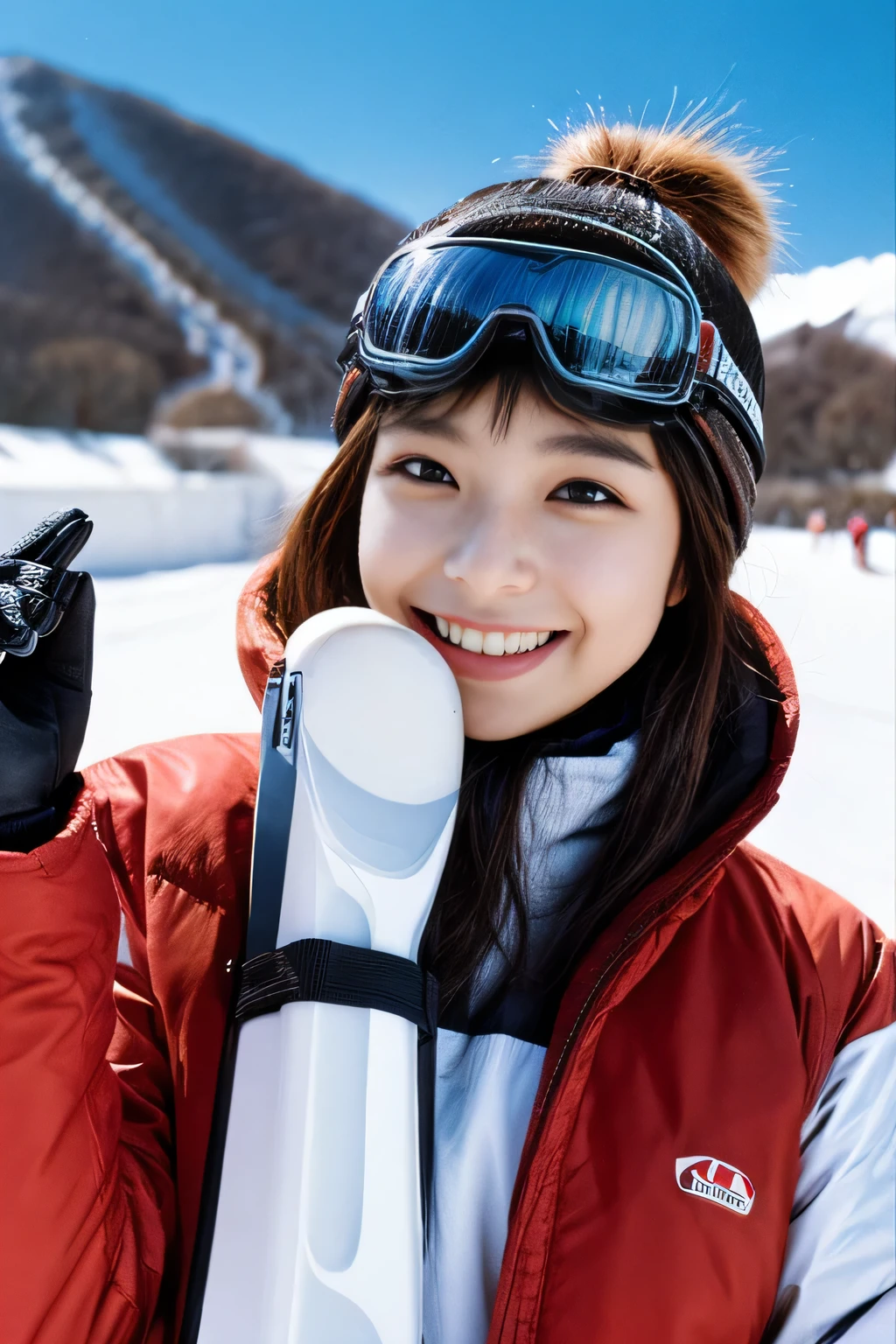 masterpiece、4k、highest quality、beautiful korean woman、Detailed description、1 girl、23 years old、(ski wear)、(to ski:1.1)、(movie, Ilford HP5, 80mm)、 Depth of the bounds written、cowboy shot、smile