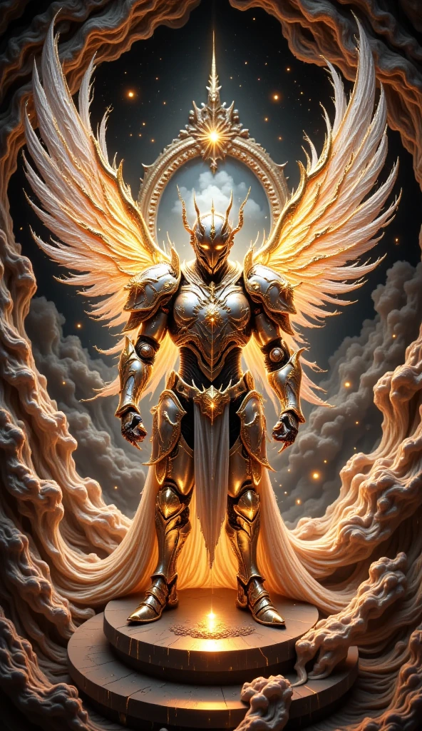 The full-body mechanized image of an adult male Holy Knight leader held by an angel 。His muscular robotic body ， wearing sacred white gold holy knight armor ， with golden glowing eyes and white gold mechanical wings 。 He boldly stands inside a mysterious white gold mechanical church ， surrounded by countless cavalry soldier followers 。 composition underlines his majestic presence ， The eye-catching lighting and dramatic holy light highlights him Armor and the divine atmosphere of the church。 symbolizes the golden yellow light in his eyes Sacred and luminous 。 This setting is a cyberpunk-inspired futurist mechanism ，Without a cloak 。 The bold composition captures the grandiose and divine energy of the scene 。
