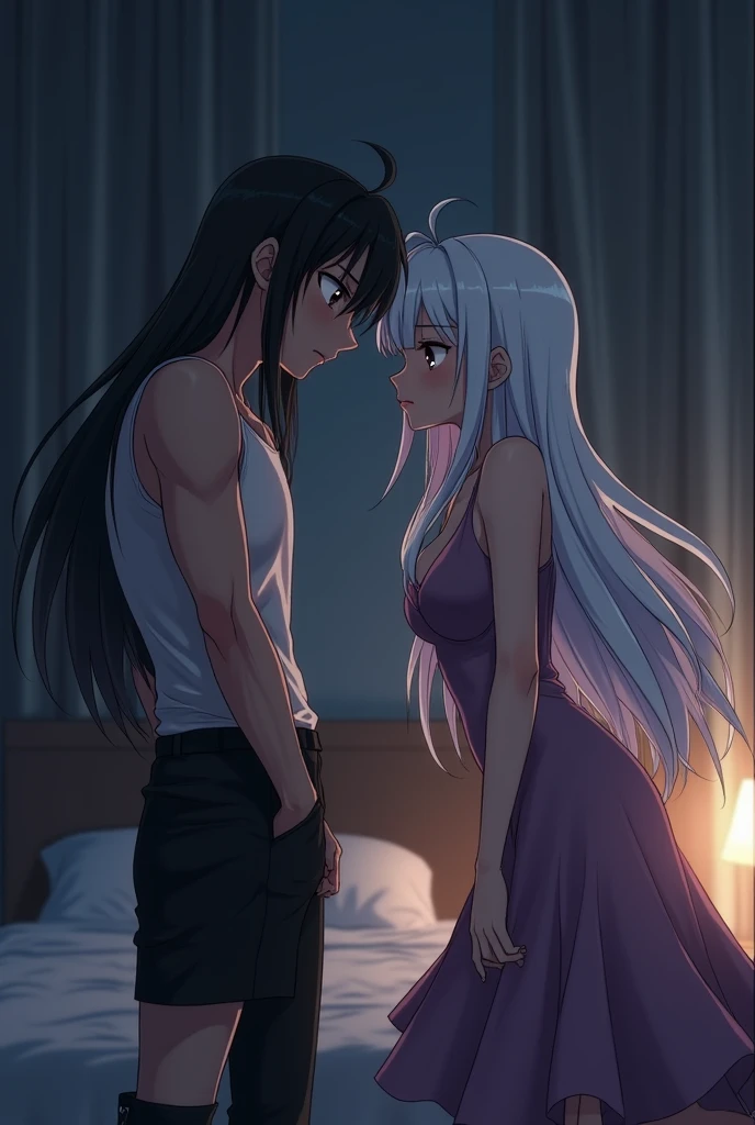 generate image of Muichiro, character from the anime Kimetsu no Yaiba or Demon Slayer, man, long black hair with mint tips, not so dark blue shirt, jeans, blushing, His expression shows pleasure and lust, He is lying with his face pressed against the breasts of a very beautiful girl., blue eyes, blushing, long white hair..The girl has slightly large breasts, with a white tank top, very small jean shorts..The girl has one of her hands on Muichiro's head as if caressing him.