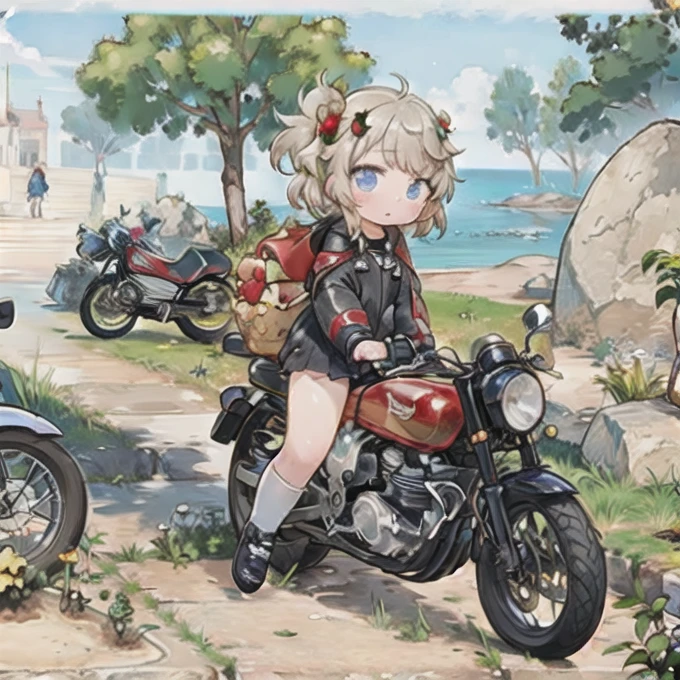 ( masterpiece， top quality:1.2), A young girl is riding a very small motorcycle, Alone,     fallen leaves，   Santa Claus Costume   ，