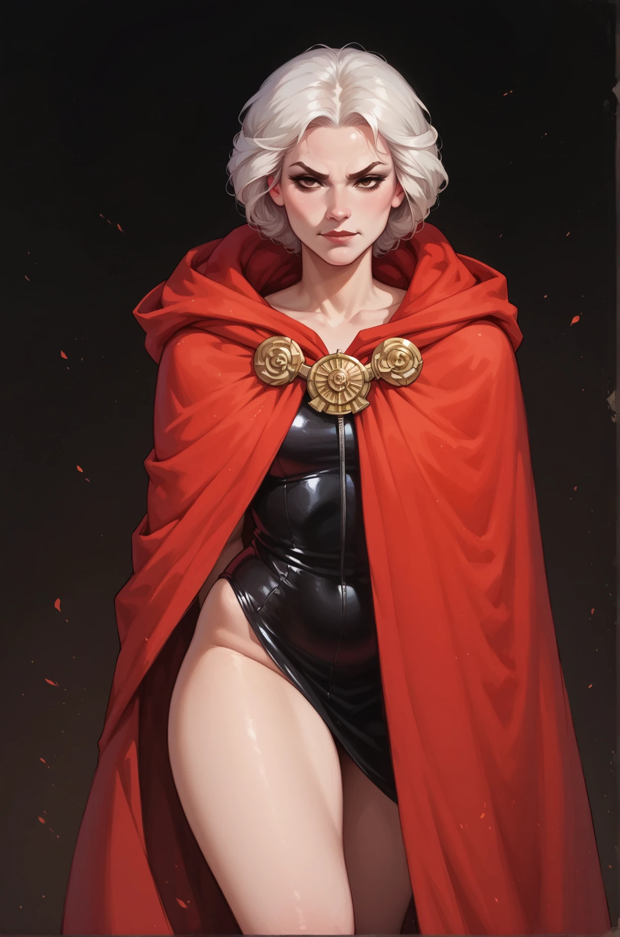 score_9, score_8_up, score_7_up, cartoon of a girl, solo, sexy, slutty, smirk, mouth closed, pale skin, brown eyes, white hair, straight hair, roman toga, tattered red cloak, leather armorcleavage, small breast, thighs, standing, dark background