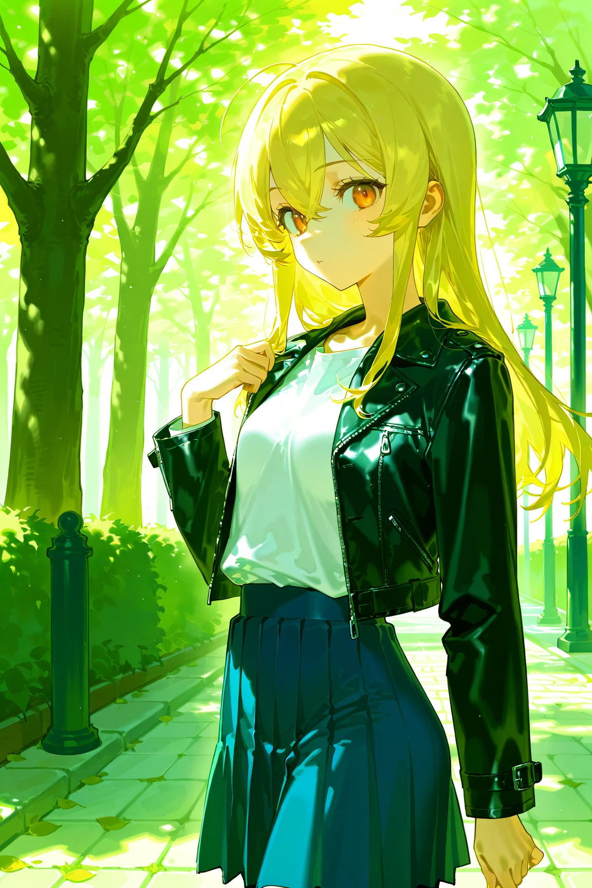 Blonde girl, amber eyes, slim build, small breasts, small round and tight ass, medium-length hair at shoulder length, dressed in a blue skirt, white top and a blue leather jacket, walking in a park she approaches from the front as if she were going to kiss the point of view
