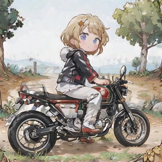 ( masterpiece， top quality:1.2), A young girl is riding a very small motorcycle, Alone,     fallen leaves，   Santa Claus Costume   ，