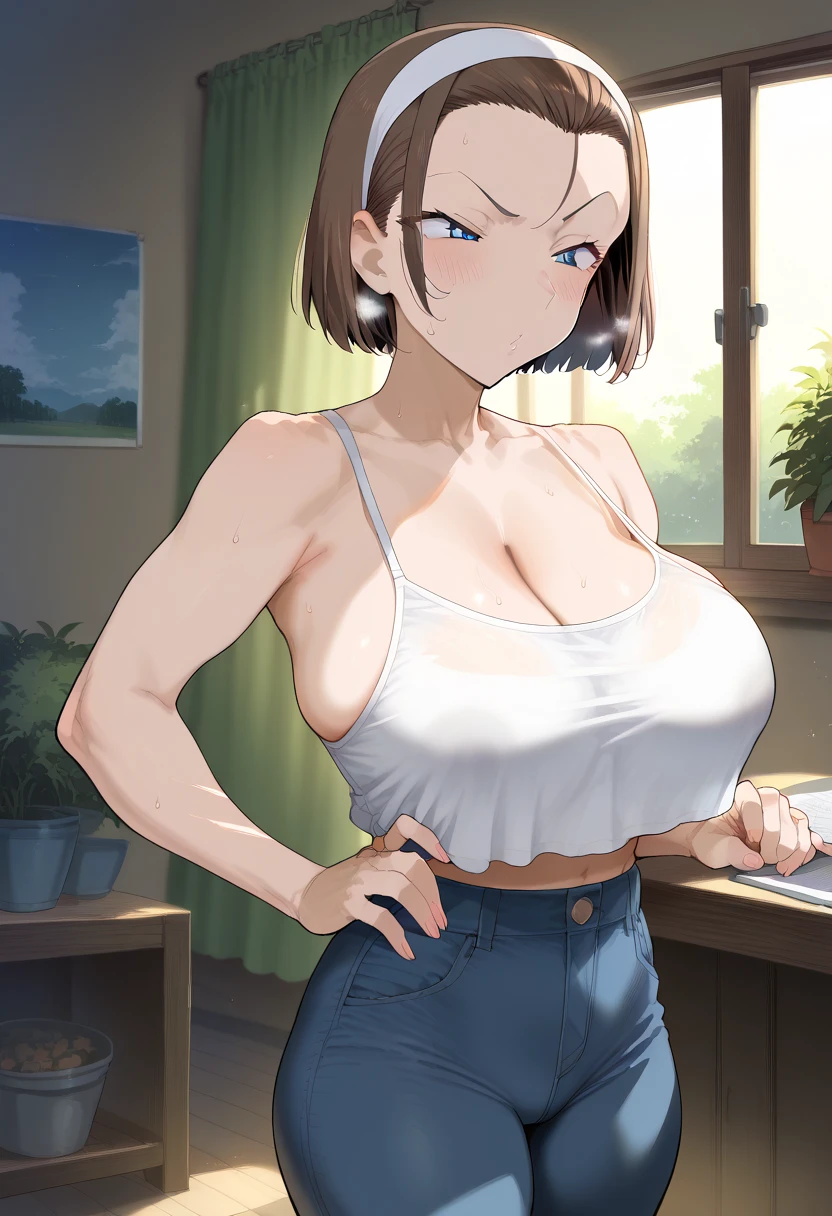  surrenders,   Suzuki Yuko,  short hair, Brown Hair,  headband,Forehead is fully visible、  blue eyes、 half-closed eyes,  perfect face,  perfect lighting,Straight face  , thick thighs ,large breasts, sweat,、 camisole、Cropped length、 denim pants with open front、Boob Tent、standing、 dark bedroom