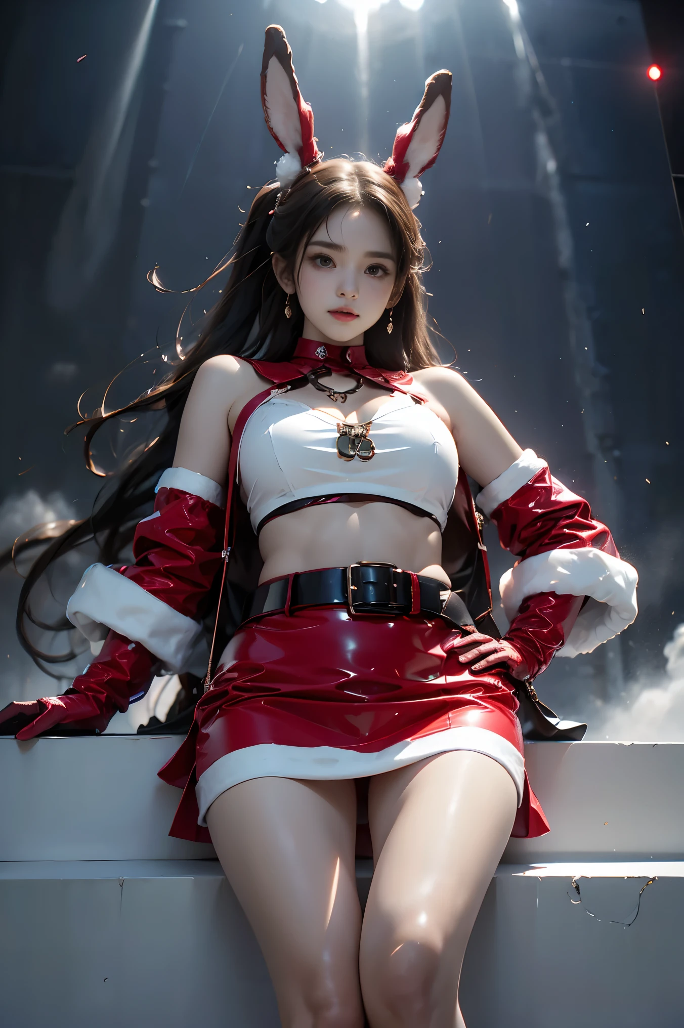 rebellion, bare shoulders, belt, crop top, red pencil skirt, miniskirt,christmas_dress,fur trim, red fingerless gloves, midriff, santa costume, rabbit tail, rabbit ears, fake animal ears, ((whole body:1.4)), ((From below:1.2)), ( actual :1.4), 1 young woman, (  plump boobs,  cleavage is visible,    Show smooth thighs   ,    Correct and piao'l beautiful leg shape   ),   Beautiful Asian woman  , Sitting,    Looking at the camera or slightly towards the camera ,   Maintain a natural expression   ,    Highlight your long  , Slim Legs  ,     shot from a low angle    ,  Clear blue sky，Floating white clouds ,    Background is the open sea   ,  Marine environment ,   Reflect the sparkling surface of the 水 ,  movie film , Professional Photography,   clearly focused,  Prime time lighting  ,   soft shadows  ,   in the shower  ,   Surrealism  , 85mm lens, f2.8, Perfect composition,    super detailed 