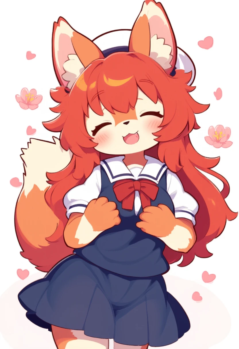 1girl, (furry girl, anthro fox1.5), cute flat 2d anime illustration,, fox ears, fox tail, animal nose, long hair, closed eyes, open mouth, red hair, blush, sailor collar, very long hair, :d, collarbone, hat, skirt, school uniform, short sleeves, beret, puffy sleeves, shirt, puffy short sleeves, vest, pleated skirt, bowtie, petals, bow, solo, white background, simple background, cowboy shot, dutch angle, blue skirt, white headwear, red bow, white sailor collar, smile, blue vest, white shirt, hands on own chest, red bowtie,