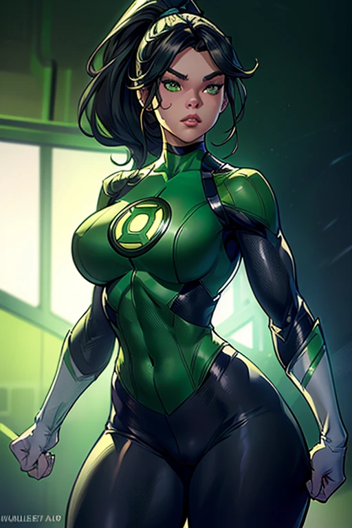 Hailee Steinfeld as green lantern, standing, green lantern costume, big boobs, round boobs, slim waist, wide hips, toned abs, thighs, navel, green lantern outfit,, , ponytail hairstyle, green eyes, long eyelashes, beautiful detailed eyes, beautiful detailed lips, beautiful detailed nose, dark grey background, dramatic lighting, cinematic composition