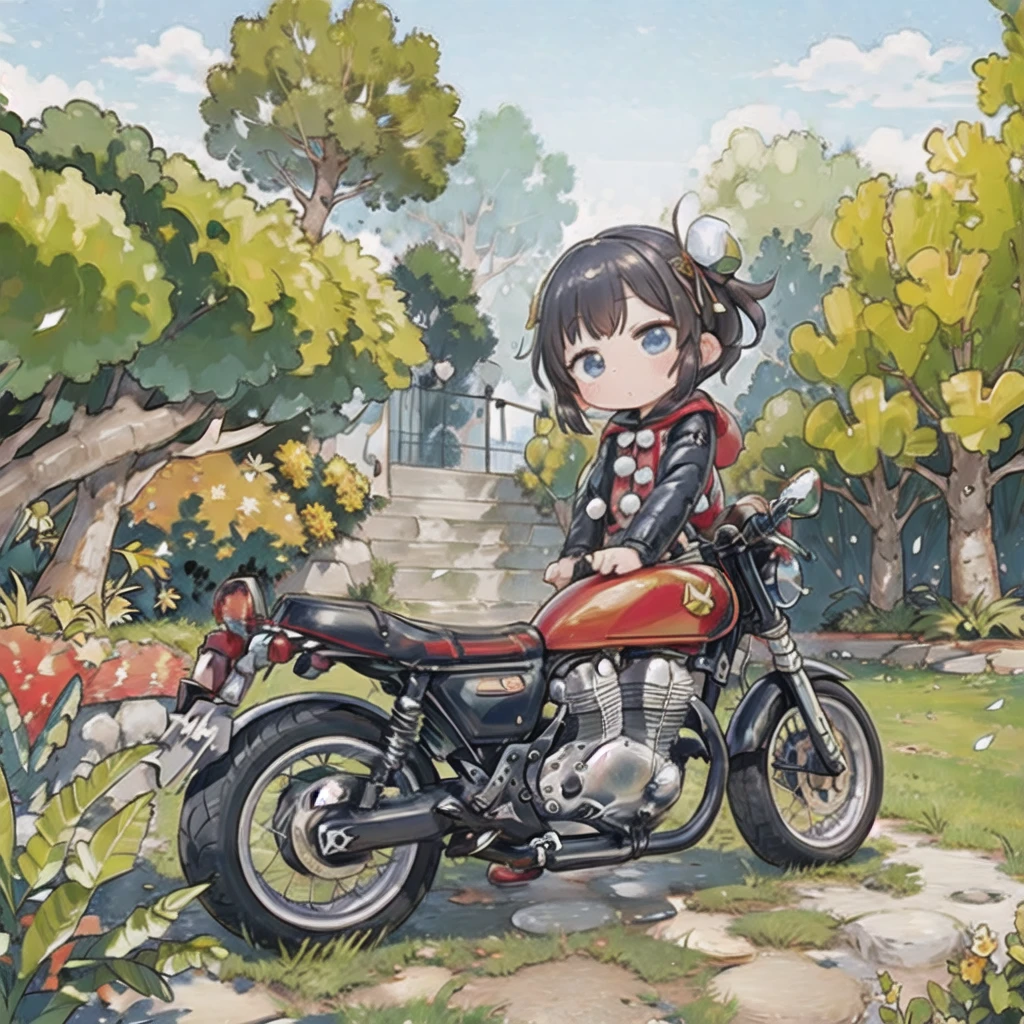 ( masterpiece， top quality:1.2), A young girl is riding a very small motorcycle, Alone,     fallen leaves，   Santa Claus Costume   ，