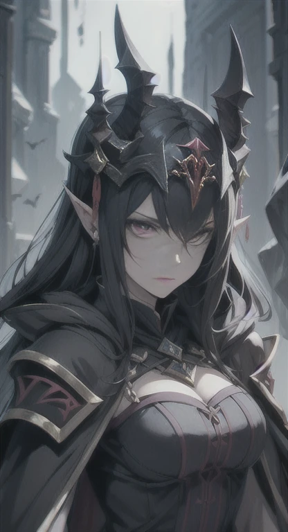 (best quality,4k,highres:1.2),ultra-detailliert,Realistisch:1.37,portrait,Elfenfrau,blasse Haut,braune Haare,green eyes,lange Ohren,angry,schwarze kurze kleidung,magisches schwarzes Breitschwert,rote Augen auf der Klinge,dunkle Fantasie,scharfer Fokus,Studiobeleuchtung,lebendige Farben, bestimmt, ruthless, Sukkubus, getarnt, schwarze Maske, schwarze Kapuze
