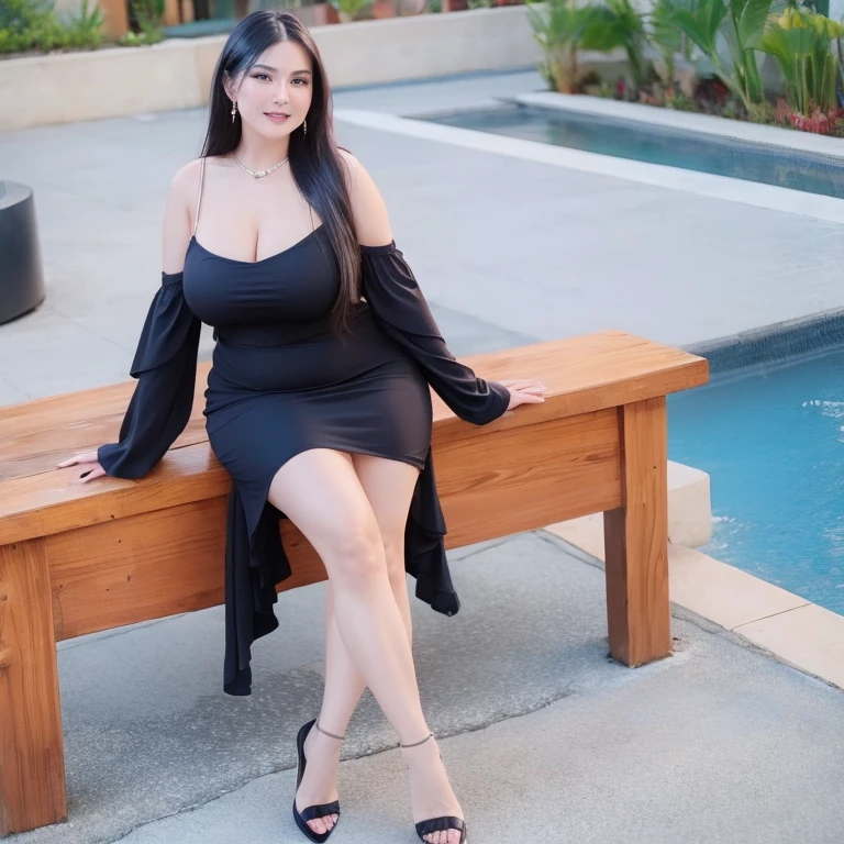 ((((Bbw)))) a woman in a dress posing for a picture, long hair, smile, black hair, full body, earrings, black footwear, high heels, bracelet, red dress