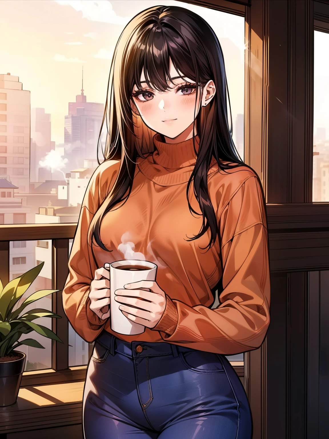A young woman with long, black straight hair cascading over her shoulders, and black eyes that radiate kindness. She is wearing a cozy red sweater, slightly oversized, with the sleeves gently rolled up. The sweater hugs her figure in a casual yet elegant way. She pairs it with light blue jeans and simple white sneakers for a relaxed look. She stands on a charming balcony at sunset, holding a steaming cup of coffee in one hand. Her soft smile adds warmth to the scene. The background features potted plants, a small table with an open book, and a glowing city skyline bathed in golden-orange light. Manhwa style, My landlady noona style, super fine face, super fine nose, super fine mouth, super fine fingers, super fine body, super fine hand, perfect body, golden ratio, good shape, muscular, super realistic, red sweater, super detailed