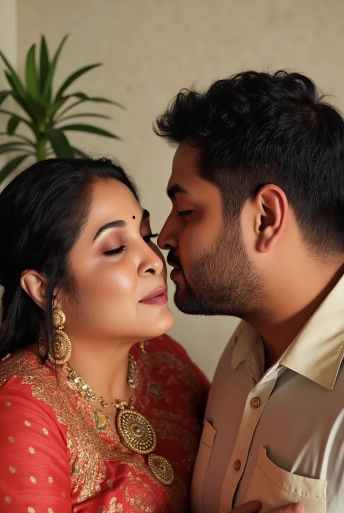 A radiant, full-figured South Indian 45 year old bride ( surrounded by a group of men)wearing a transparent cream colour silky saree standing in a living room, , captured in a full-body image with vibrant hues and meticulous details. Full body image