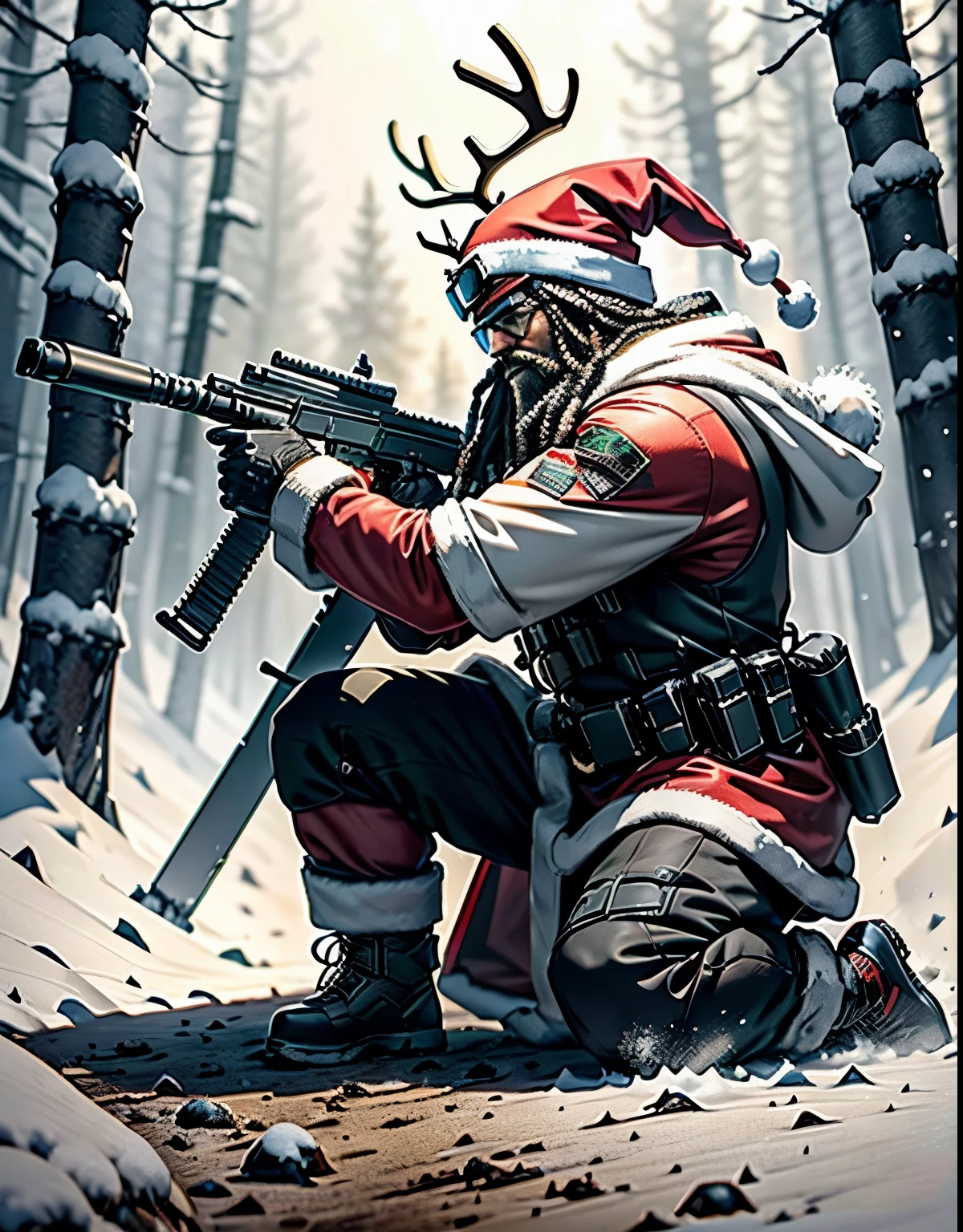 a strong powerful humanoid reindeer, (big strong and powerful), kneeling on one knee, black and white santa hat, ( woolly dreadlocks hair pull3e back), nightvision goggles on helmet, standing on a snowy road, oak trees and snowy ground, angry, half reindeer, large antlers, hooded puffer jacket, mercenary outfit, tactical gear, very strong, bulging muscles, masculine, (santa hat) alot of (tactical gear), mechanical parts, robotic machine parts, fuming angry, facing the viewer, facing the camera, looking at the viewer, 3/4 view stance, dreadlocks hair, rifle in hand, ballistic vest, fire blazing from rifle, ready to fight, android hybrid, cyborg, mechanical parts, mechanical panels on body, tubes attached to limbs, muscular, glowing high tech watch on wrist, detailed texture, ice all around, photorealistic, highly detailed, 8k, masterpiece, (best quality,4k,8k,highres,masterpiece:1.2),ultra-detailed,(realistic,photorealistic,photo-realistic:1.37),HDR,UHD,studio lighting,ultra-fine painting,sharp focus,physically-based rendering,extreme detail description,professional,vivid colors,bokeh,nature,wildlife,surreal,whimsical