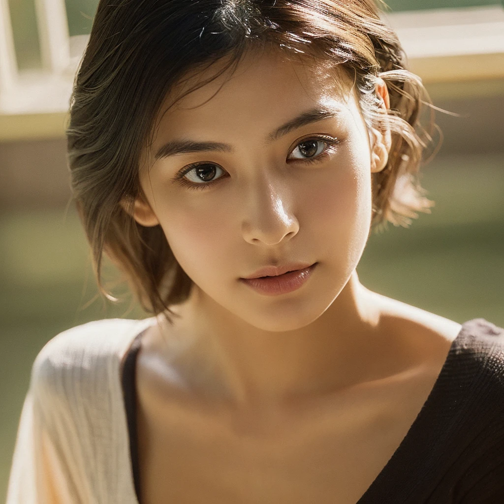 A hyper-realistic image of a single Japanese woman in her early 20s, captured with the nostalgic warmth and subtle graininess of a film camera. Her skin has a warm beige tone with a natural, slightly rough texture that includes visible pores, fine lines, and subtle imperfections such as small blemishes, adding to the authenticity of her appearance. The soft, diffused natural light enhances the film-like quality, casting gentle shadows that create a timeless, organic feel. Her straight, glossy black hair frames her face in a natural, slightly tousled manner, and her deep brown eyes reflect the ambient light, adding depth and emotion. The film camera effect introduces a slight grain and a softer focus, giving the image a warm, nostalgic atmosphere while maintaining the realistic texture of her skin. She is dressed simply, in a way that complements her natural beauty, with the overall composition designed to evoke a sense of genuine, understated elegance. The use of natural light, combined with the deliberately rougher texture of her skin and the film-like qualities, ensures that this image captures the imperfections that make her beauty truly lifelike, focusing solely on this one individual.She has large, ample breasts and wears only attractive, fashionable underwear, which accentuates her cleavage.almost see the nipples.Be sure to keep your eyes on us.Stylish and cute bras.