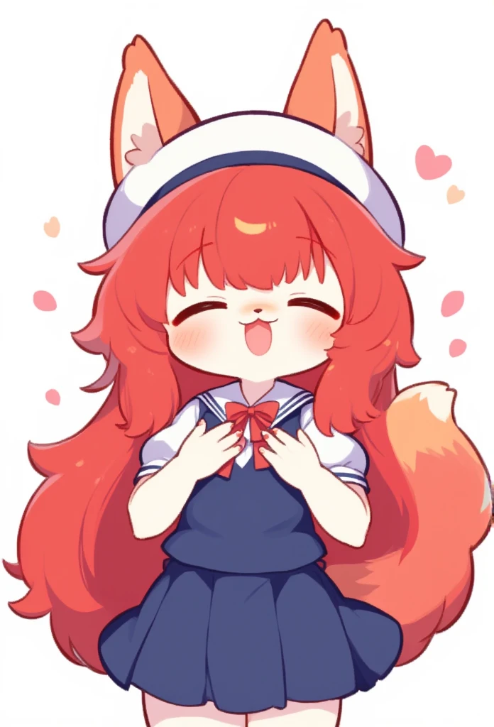 1girl, (furry girl, anthro fox1.5), cute flat 2d anime illustration,, fox ears, fox tail, animal nose, long hair, closed eyes, open mouth, red hair, blush, sailor collar, very long hair, :d, collarbone, hat, skirt, school uniform, short sleeves, beret, puffy sleeves, shirt, puffy short sleeves, vest, pleated skirt, bowtie, petals, bow, solo, white background, simple background, cowboy shot, dutch angle, blue skirt, white headwear, red bow, white sailor collar, smile, blue vest, white shirt, hands on own chest, red bowtie, have sex