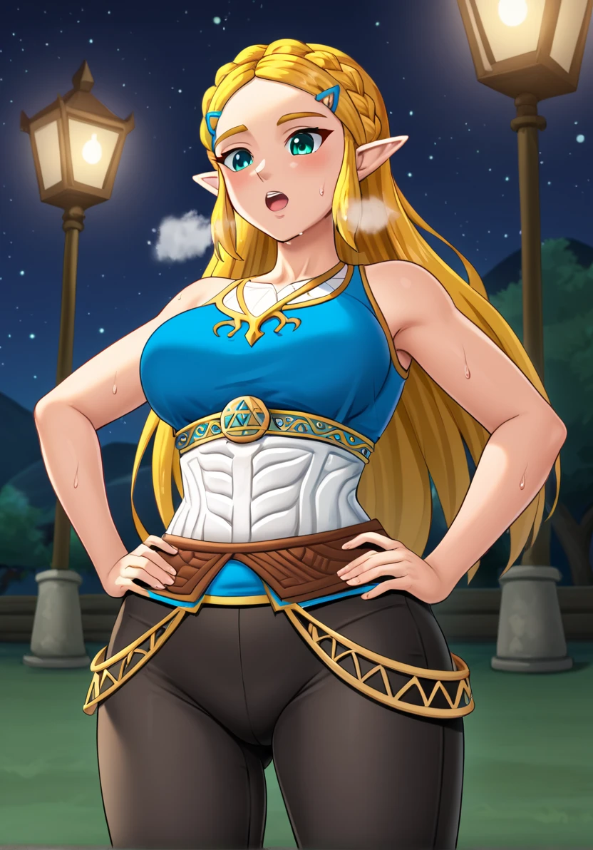 masterpiece, best quality, highres, aazelda, Princess_Zelda, long hair, crown braid, hairclip, pointy ears, blue tanktop,, black pants with yellow stripes, tight pants, night, standing, cowboy shot, outdoors, hands on hips, open mouth, out of breath, sweaty, sweating, 