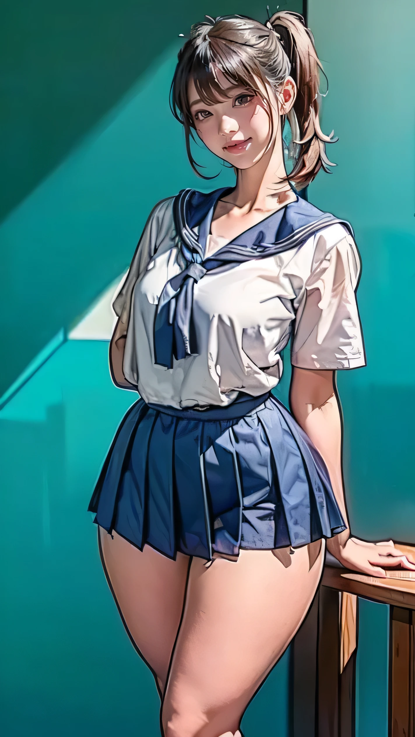  actual 、 Best Quality 、 top quality、 anatomically correct 、Precise anatomical structure、Blue blank background、 Shot from above 、Shot from the waist up、 A lovely Japanese woman stands in front of me.、A smile from the heart 、( Japanese schoolgirl 、 sailor suit:1.3)、(Twin ponytails:1.3)、(Thick thighs:1.3)