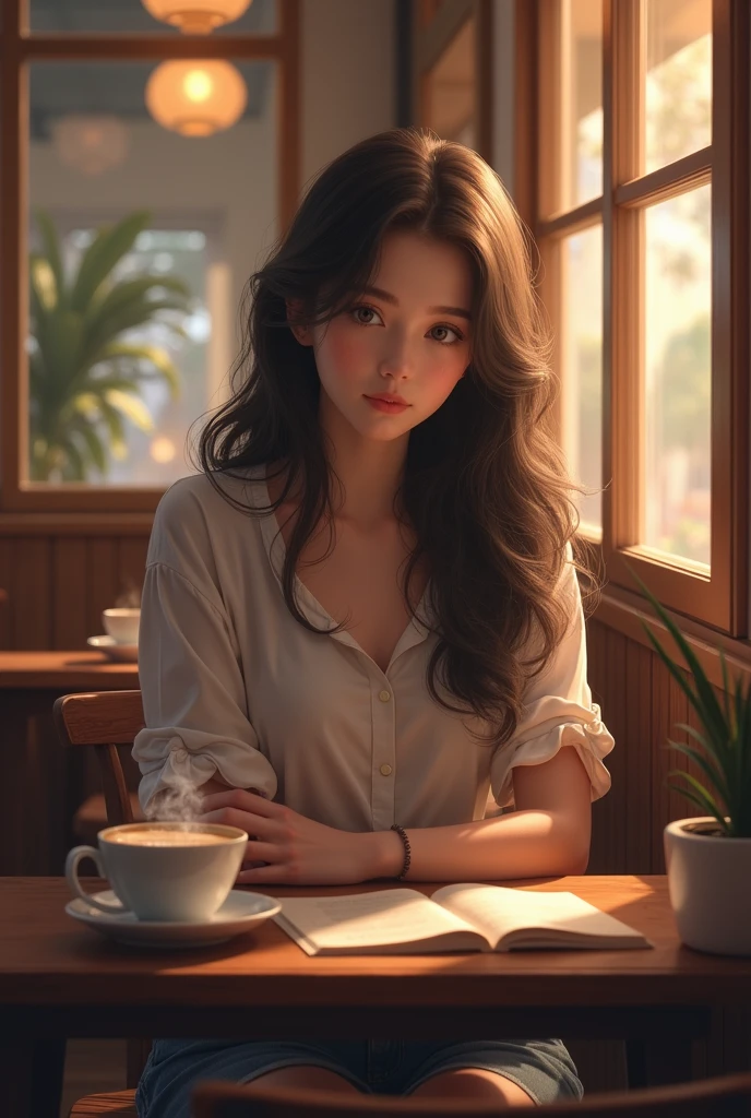 A beautiful girl with wavy hair is sitting in a cafe