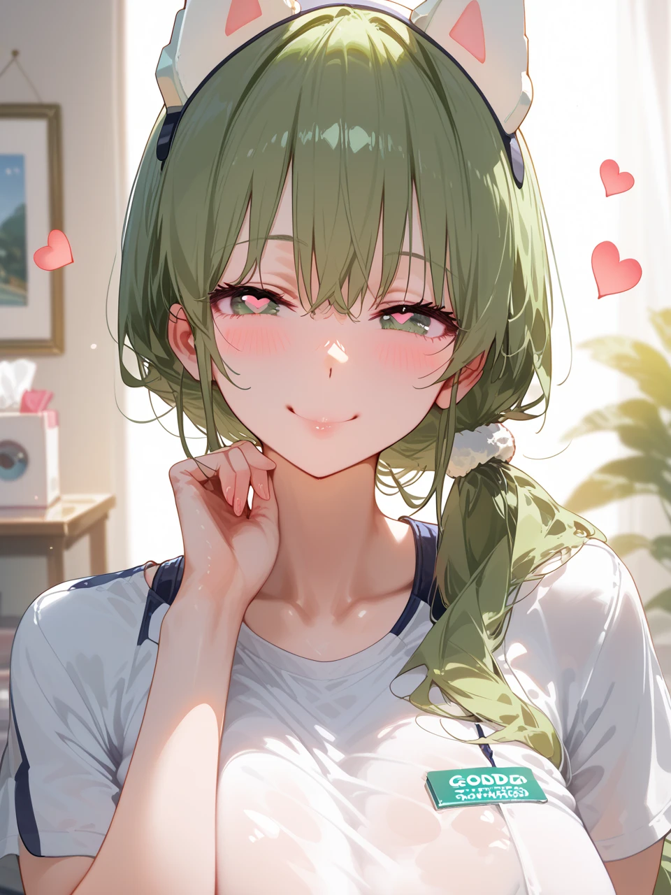         top quality,         top quality,        high quality images       ,     masterpiece  ,            super high res   ,           detailed background   ,           absurd,         perfect anatomy     ,          ,    good lighting   ,        Photo Gallery     ,         1 Mature Woman, Zundamon,  Loose Chin Voice Box  ,   green hair ,  Blush Stickers,    animal ears   ,   white shirt, Short sleeve,    long hair,  low ponytail , hair ear  ,、  swimsuit、Very huge boobs、   seductive smile , Hearts in eyes,    pose
