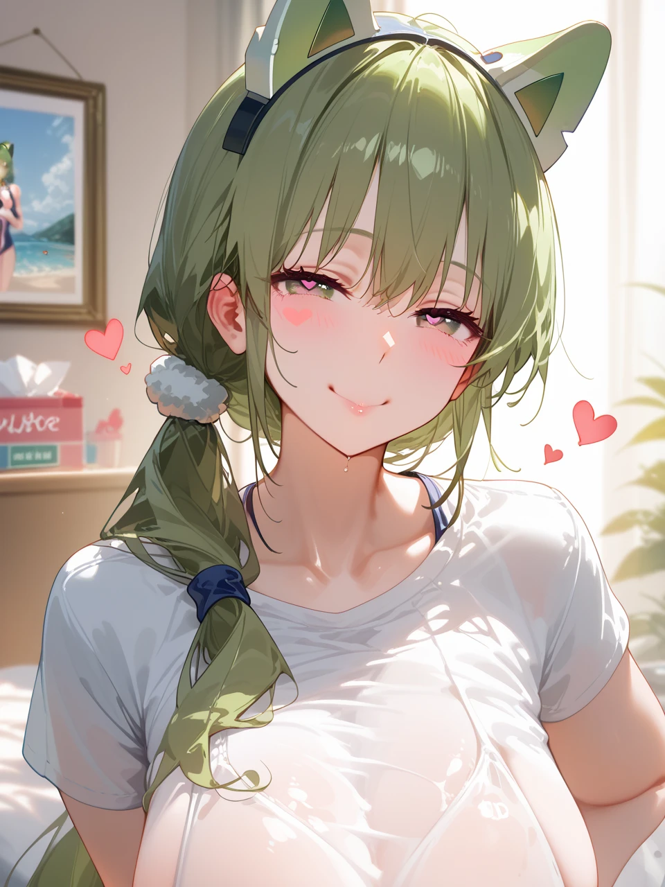         top quality,         top quality,        high quality images       ,     masterpiece  ,            super high res   ,           detailed background   ,           absurd,         perfect anatomy     ,          ,    good lighting   ,        Photo Gallery     ,         1 Mature Woman, Zundamon,  Loose Chin Voice Box  ,   green hair ,  Blush Stickers,    animal ears   ,   white shirt, Short sleeve,    long hair,  low ponytail , hair ear  ,、  swimsuit、Very huge boobs、   seductive smile , Hearts in eyes,    pose
