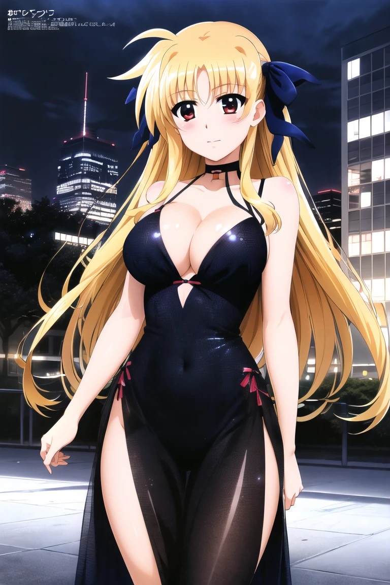 Fate Testarossa,megami magazine,long hair,blonde hair,straight hair,red eyes,{{large breasts}},
((black evening dress,deep slit,{{large breasts}},cleavage)),
1girl,(is embarrassing,big blush,closed mouth:1.0),
((standing,cowboy shot,looking at viewer:1.2)),
(night city:1.0),clothed
