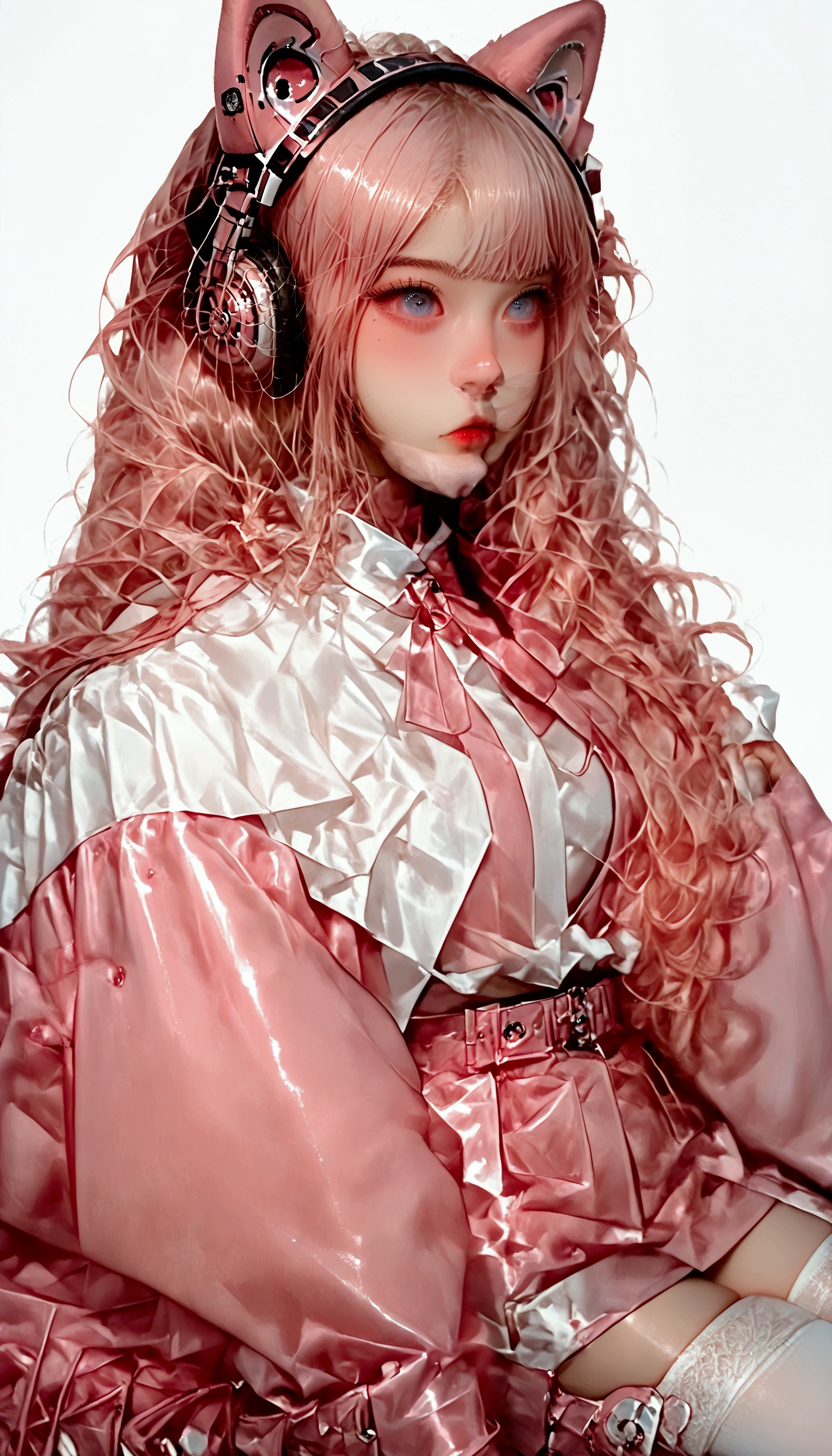 A woman wearing an Alicia ,  wears a tight pink bodysuit and a short pink jacket with long sleeves and two-tone gloves,  cosplay costume and white socks and white cosplay shoes ,  she has long hair with two pink tails with animal ear headphones 
