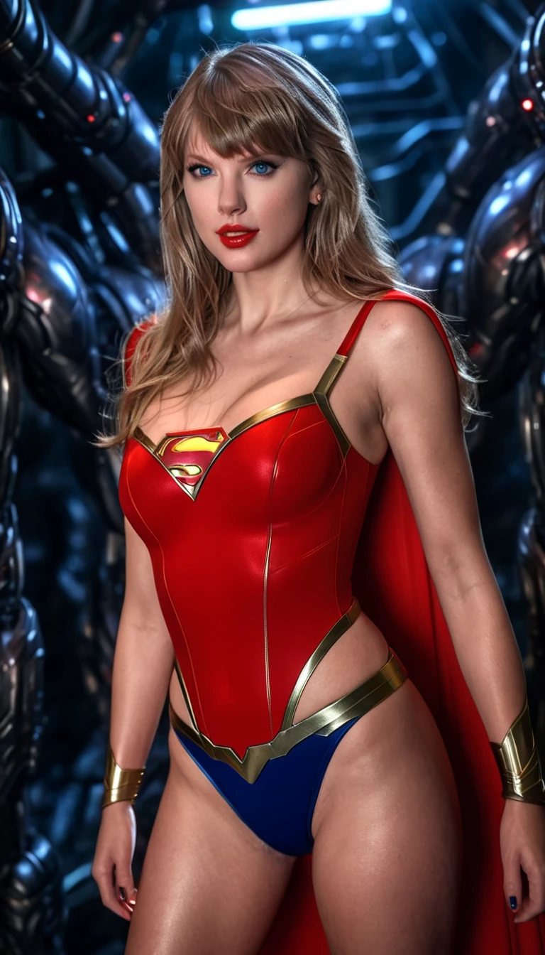 best quality raw photo of Taylor Swift as Supergirl, (inside of a spacehulk:1.2), (organic:1.2), (wearing Supergirl bodysuit:1.2), (dark moody ambience:1.2), (masterpiece:1.2), (photorealistic:1.2), (bokeh), (best quality), (detailed skin:1.2), (intricate details), (nighttime), (8k) ,(HDR), (cinematic lighting), (sharp focus), (looking at the camera:1.1), (closeup portrait:1.2), (inspired by h.r. giger:1.1), nsfw, breasts, long red cape