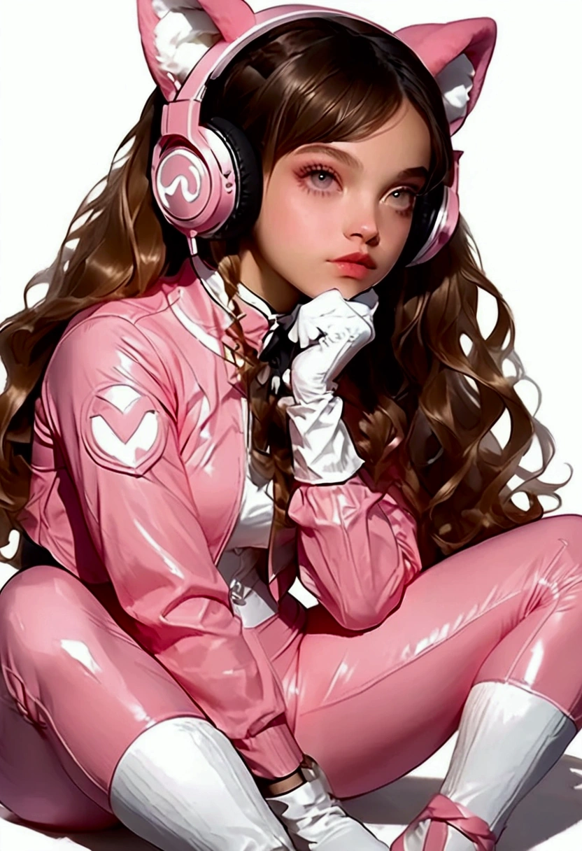 A woman wearing an Alicia ,  wears a tight pink bodysuit and a short pink jacket with long sleeves and two-tone gloves,  cosplay costume and white socks and white cosplay shoes ,  she has long hair with two pink tails with animal ear headphones 