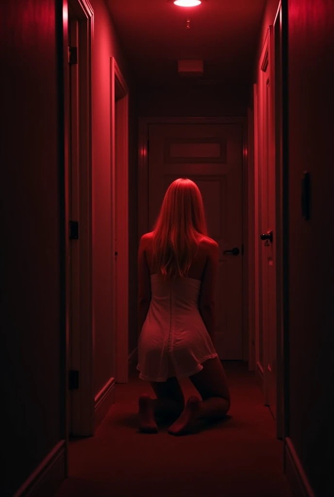 Platinum blonde hair girl athletic smallest  using redlight silhouette filter sexy pose nude dark silhouette redlight silhouette  challenge in doorway of bedroom darkness but red silhouette very dark room redlight challenge,darkness and red filter;a little more darkness and red sexiest blonde 