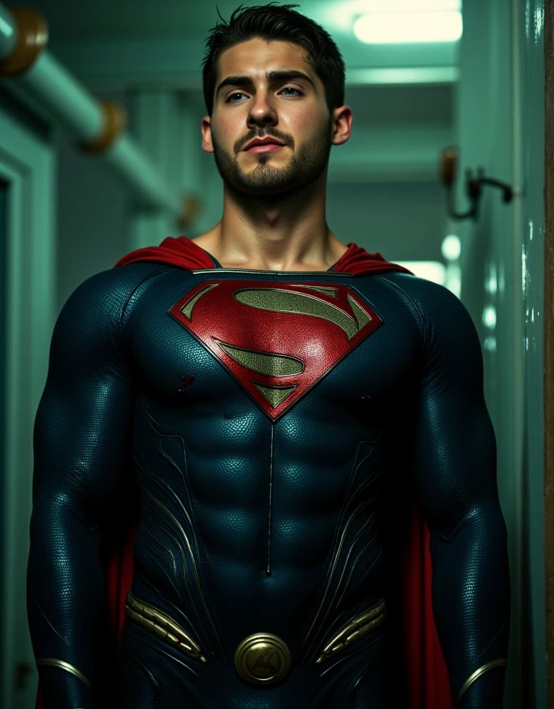 (Nicholas Alexander Chavez in a Superman suit:1.8), (Superman suit Torn:1.8), Ripped, Man in Tight Superman suit, with his mouth slightly open and his eyes closed, (((Muscular, Fit, Cody Christian in a Superman suit))), (Bloodstain on Cheek and lips), Wearing a Superman suit, (((Big Arms, Toned Chest, Muscular, ))), (((Ripped Six-Pack))), (((Body Tied with green glowing chains))), (((short beard, Short-Haired Man))), (((Muscular thighs, Big Torso))), (((Handsome, Fit Body))), ((Short Hairstyle))), Kneeling with pain expression, (((Arms Behind Back))), The scene is bathed in a jail