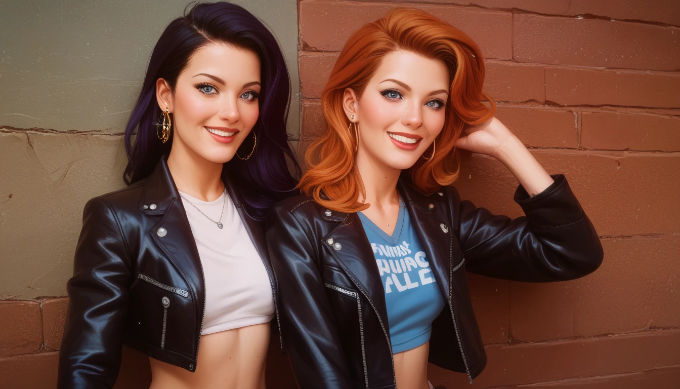 Clothes wearing leather jackets 。 images of American cartoon-style adult women。Distracted expressions 。 Modest Smile。 brightly colored images 。  The background is designed like a 90s comic book cover