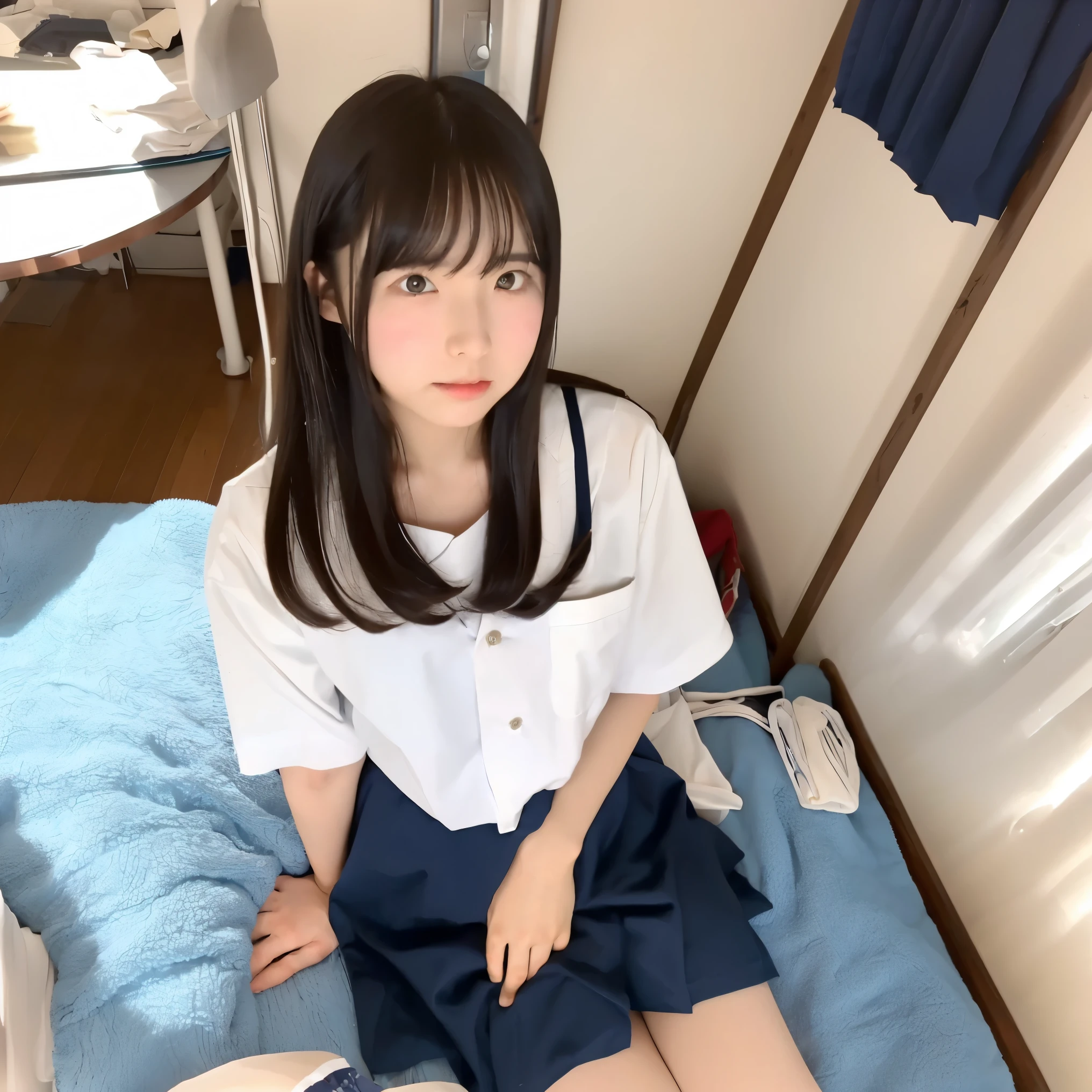 From directly below　（（（（from below:1.5）））））　From directly below上を全身　one girl  夏　 navy blue skirt　white shirt with wide open chest　 holding white socks 　Thighs　 ( long hair:1.3), 　Like showing the sun from below　Age 15　 punch　 masturbation　 ecstasy　 masturbation　Midsummer Sun　