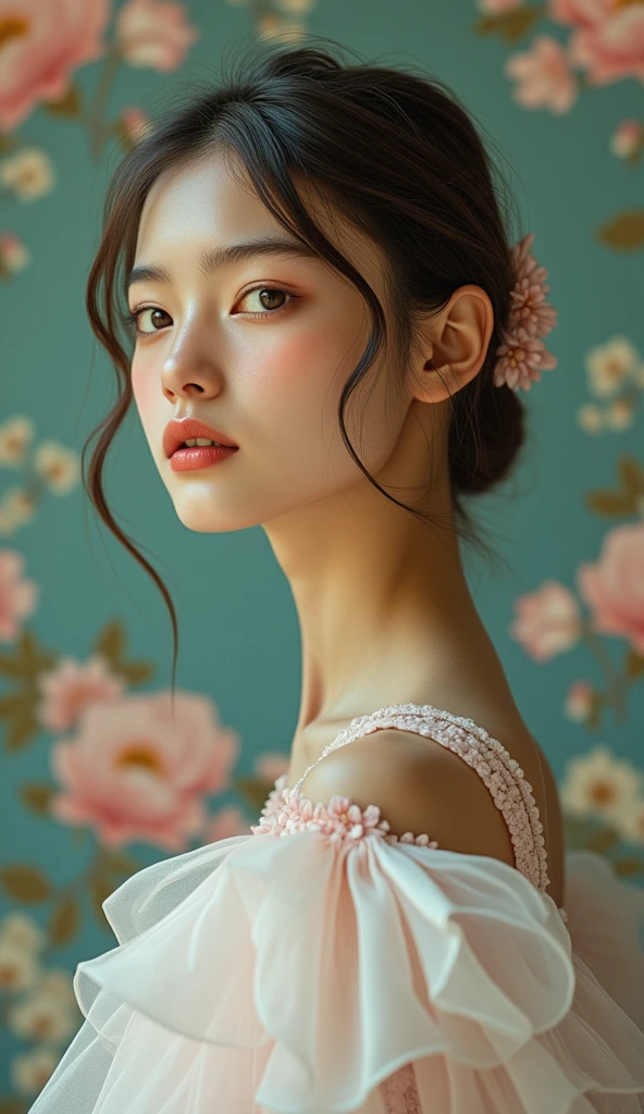 (highres,masterpiece:1.2),(realistic:1.37)"(best quality, ultra-detailed, realistic),beautiful 19th-century portrait of a 16-year-old French ballet dancer, (She is half French and half Japanese, and is a stunning beauty with dark blue eyes and a high nose :1.1), elaborate ballet costume, detailed facial features, long graceful neck, flowing locks of hair, poised and elegant posture, soft and delicate lighting, classic oil painting medium, vibrant colors, subtle background with floral motifs", dreamy atmosphere, Surrealism, mystical aura, mintworld,