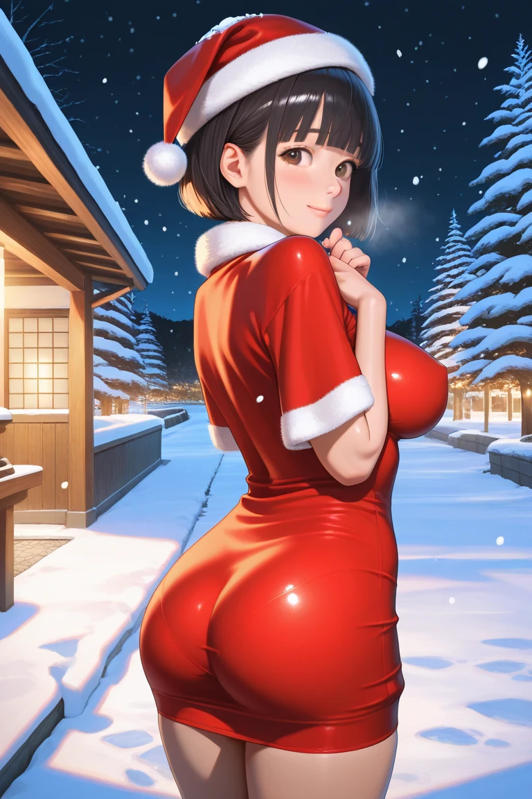 1girl, standing, hands up, from behind, looking back,
BREAK girl, 22yo, short hair, bob cut, ear, (blunt bangs), black hair, (tareme:1.2), detailed cute brown eyes, curled eyelashes, (large breasts:0.8), 
beautiful detailed eyes, beautiful face, 
santa hat, santa tube dress, impossible clothes, (small ass), round ass, pantylines, thighs, 
embarrassed, smile, steam, 
outdoors, winter, night, snow, snowing, cinematic lighting,
masterpiece, best quality, amazing quality, very aesthetic, absurdres, newest, (realistic:1.2), super detailed, extremely detailed, nsfw, explicit