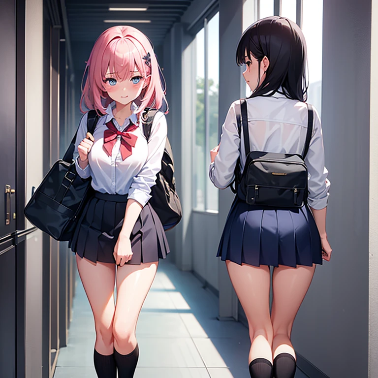 2 girls, smile:1.3, shirt, skirt, (small),((classroom:1.5))、、(blush:1.3)、((青いチェック柄のskirt:1.5))、Cowboy Shot、(skirt lift:1.3),(Highly detailed panties:1.3)、(Highly detailed white panties:1.3)、、(skirt that rolls up:1.3)、(Full-fledged panties:1.5)、,((Pure white cardigan))、